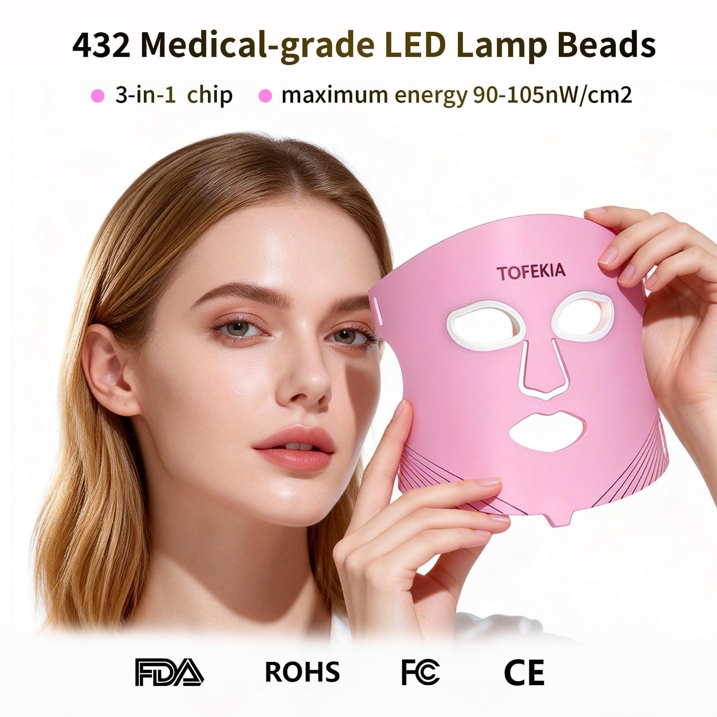 TOFEKIA FDA-Cleared Red Light Therapy Mask for Face – 3 Modes for Acne and Wrinkles, 5 Intensity Levels,850nm Infrared Led Light Therapy Device, Pink