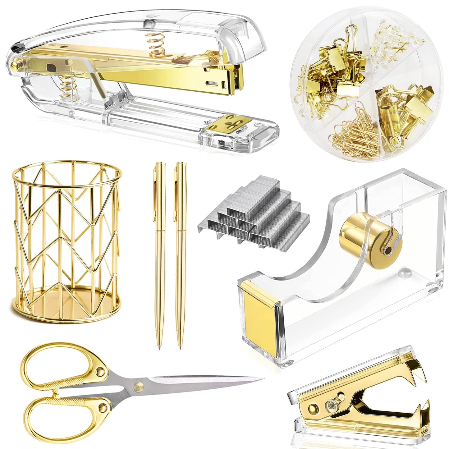 Office Desk Accessories,Office Supplies Set Acrylic Stapler Set Staple Remover, Tape Holder, Pen Holder, 2 Ballpoint Pen, Scissor, Binder Clips, Paper Clips and 1000pcs Staples(Black)
