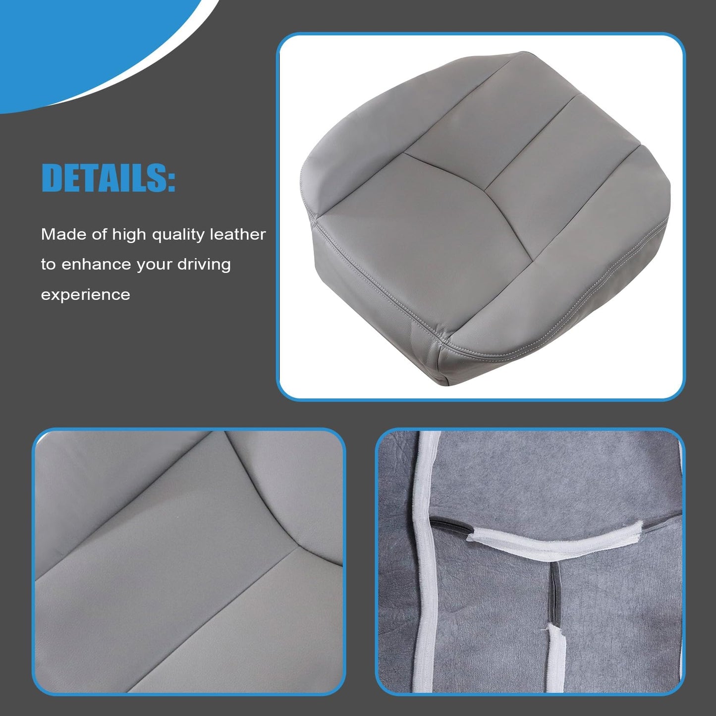 Priprilod # 922 Gray Leather Driver and Passenger Bottom and Top Lean Back and Armrests and Foam Cushion Fit for Chevy Silverado Tahoe Suburban Avalanche GMC Sierra Yukon XL 2003 2004 2005 2006