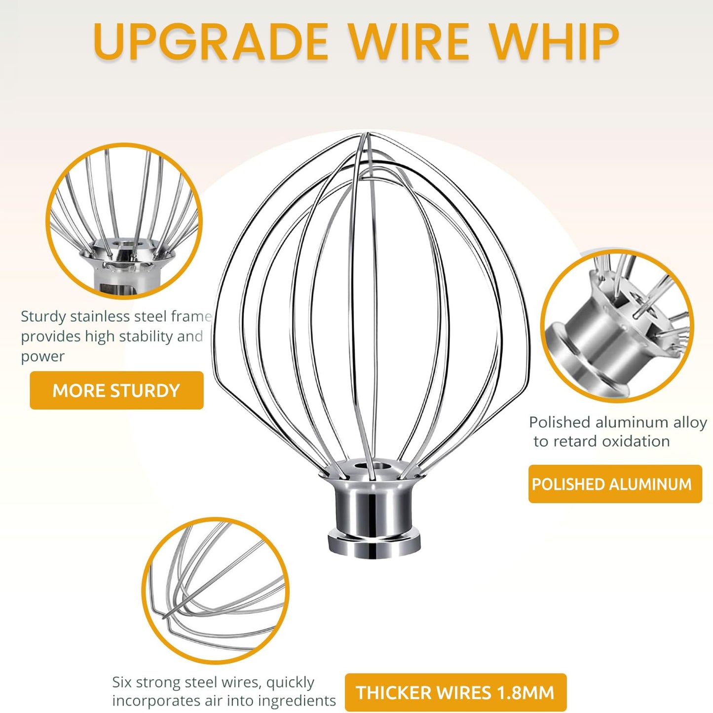 NewlyArt Whisk Attachment Fits KitchenAid, 6 Wire Whip for 4.5 5 Quart KitchenAid Tilt-Head Stand Mixer๏ผK45WW Kitchen Aid Accessories and Attachments, Stainless Steel Wires + Aluminum Hub