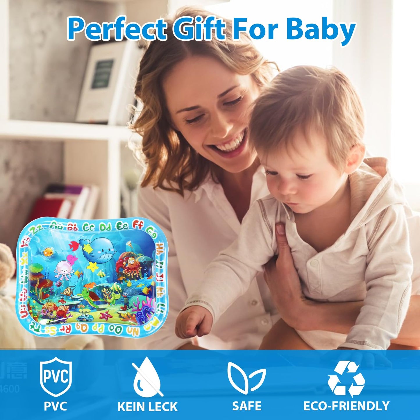 GARNHLOB Baby Water Mat Large 37.4"x29.9", Safe Inflatable Tummy Time Water Play Mat for Infants & Toddlers with Climate Pledge Friendly, Newborn Sensory Water Pad for Christmas Gift (Blue)