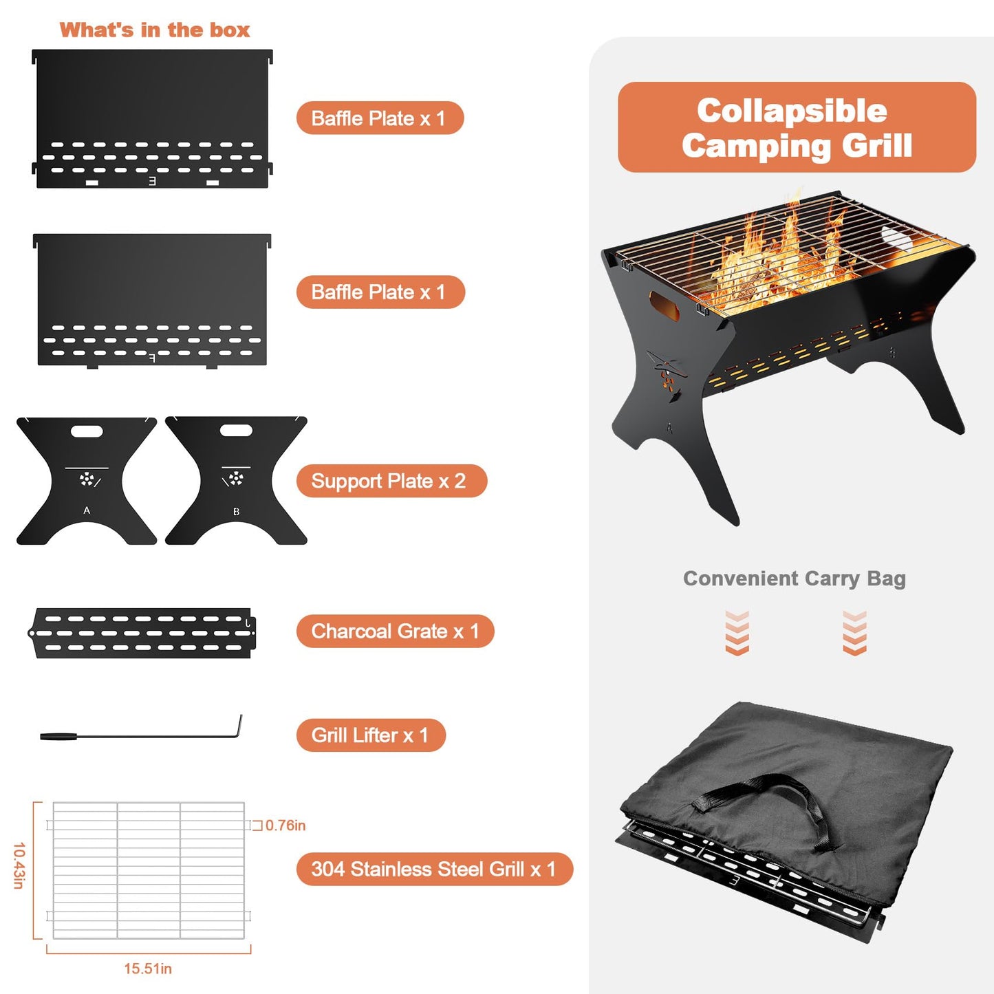 Bearfire Camping Campfire Grill, 16"Lx12"D Portable Folding Charcoal Grills, Backpacking BBQ Grill with Carry Bag, Outdoor Fire pit for Camping, Picnic, Bonfire, Patio, Backyard