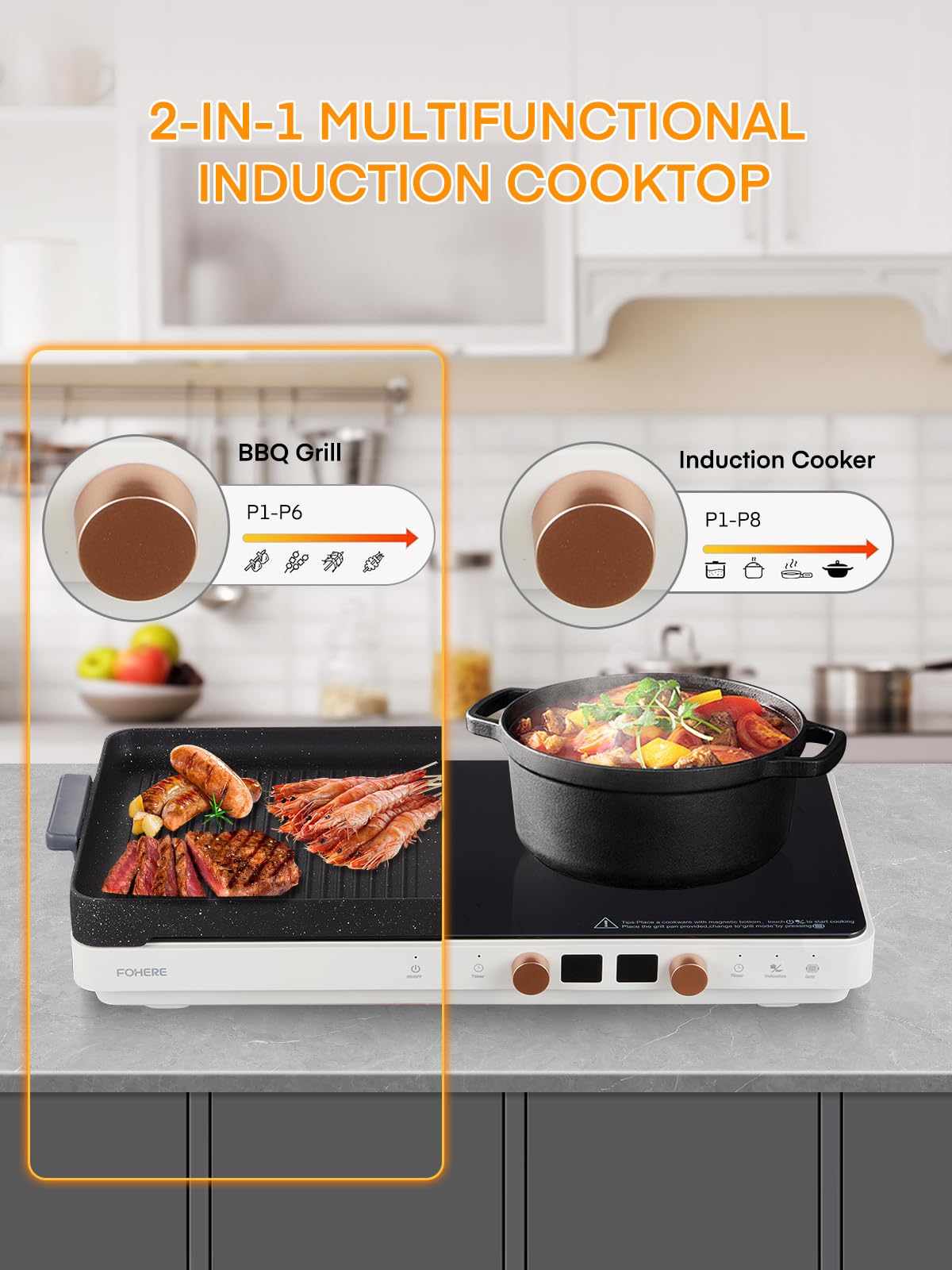 Induction Cooktop 2 Burners, Double Induction Griddle Cooktop 1800W with Removable Iron Cast Griddle Pan Non-stick, Independent Temperature Control, 8 Power Levels, 99 Min Timer for Magnetic Cookware