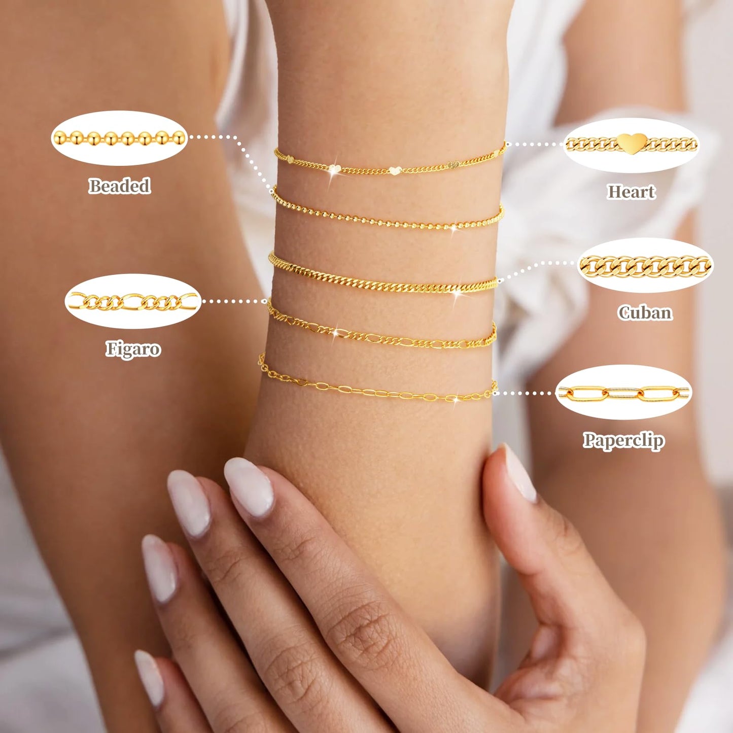Gold Bracelets for Women Waterproof, Gold Dainty Jewelry Sets Gifts for Women, Stackable Layered Simple Thin Beaded/Cuban/Paperclip/Heart/Figaro Bracelets for Women Fashion Accessories