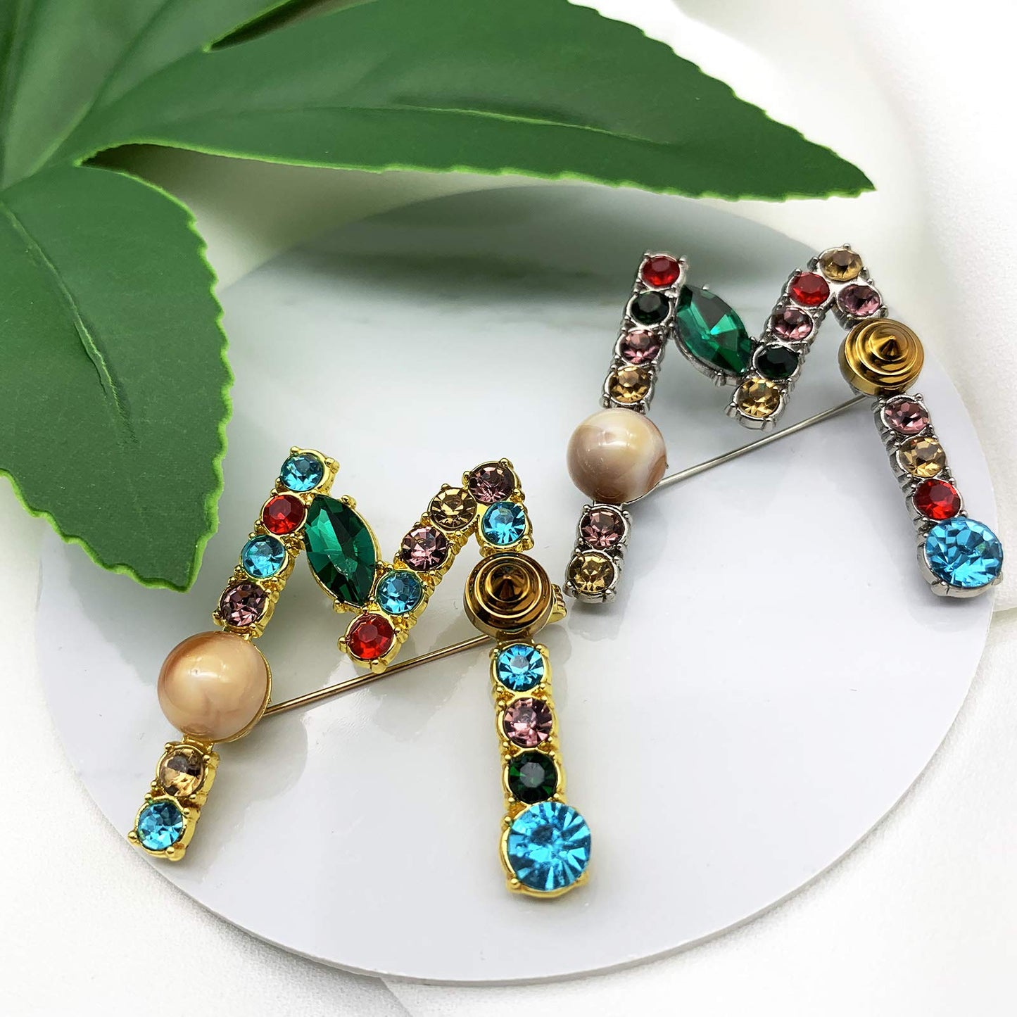 XGALBLA Letters M Plated Metal Stone Clear Colorful Crystal Lapel Pin Brooches Collar(Silver Tone)