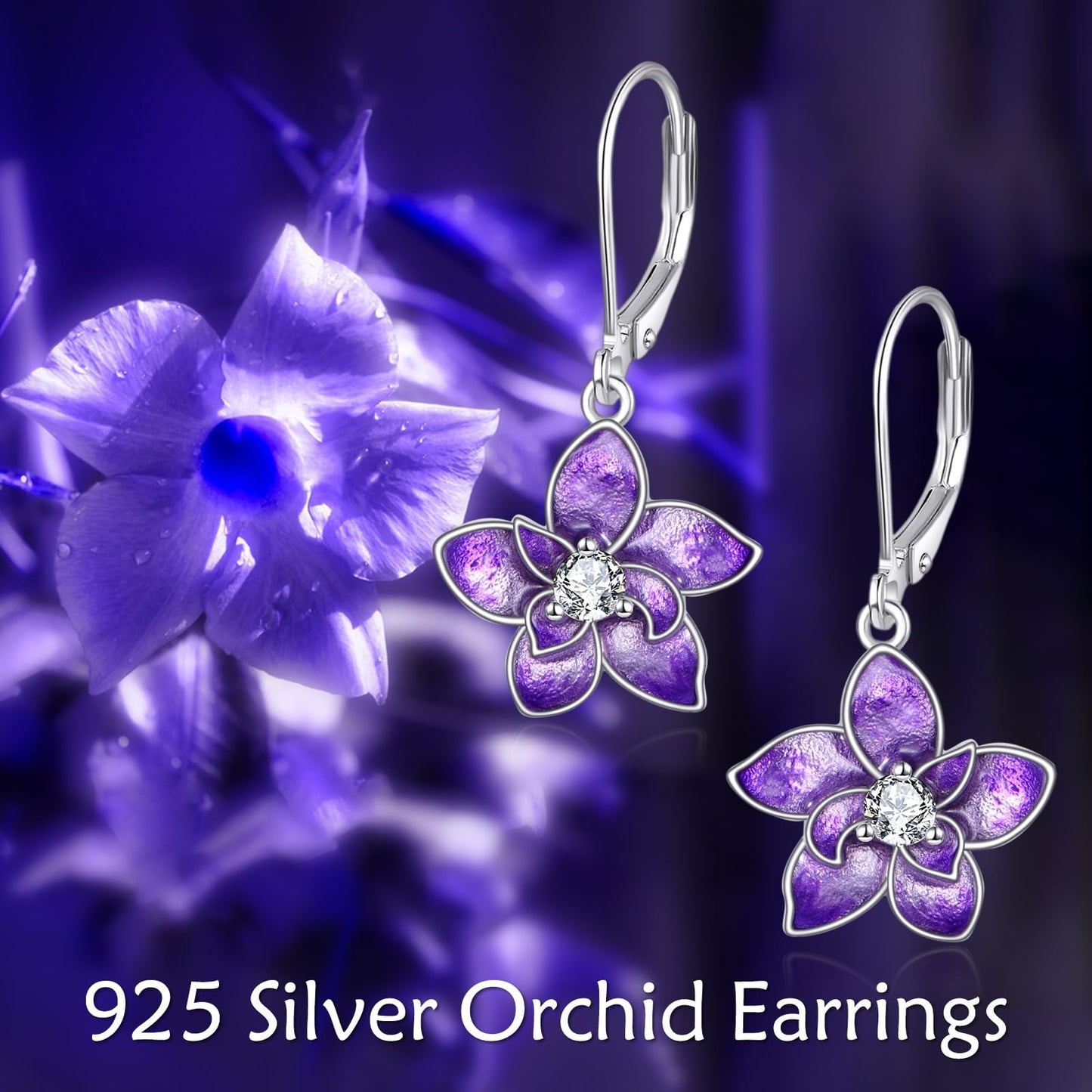 TIGER RIDER Purple Orchid 925 Sterling Silver Leverback Earrings with Birth Flower Earrings with White Zircon Jewelry Gift for Women Birthday Christmas