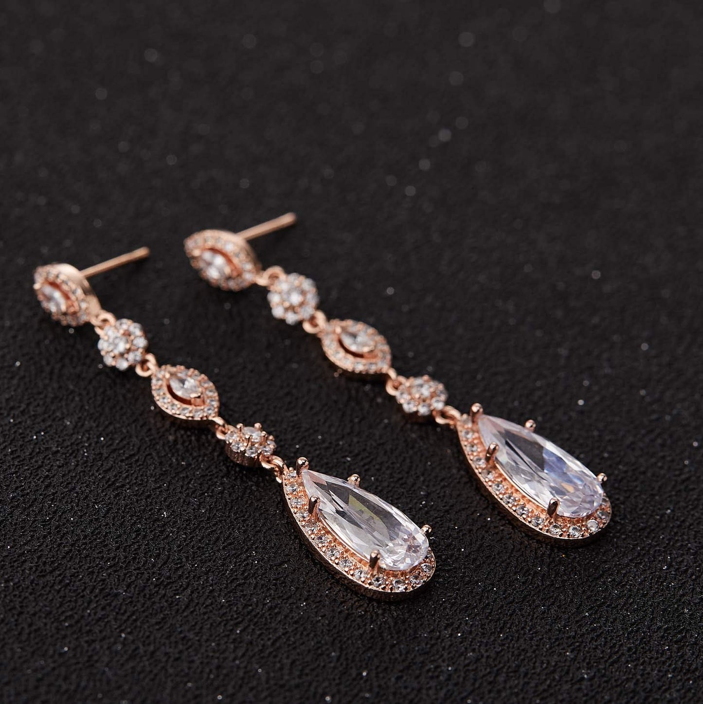 SWEETV Long Pear-Shaped Rose Gold Wedding Birdal Earrings for Brides, Bridesmaids, Crystal Chandelier Dangle Drop Earrings for Women Prom