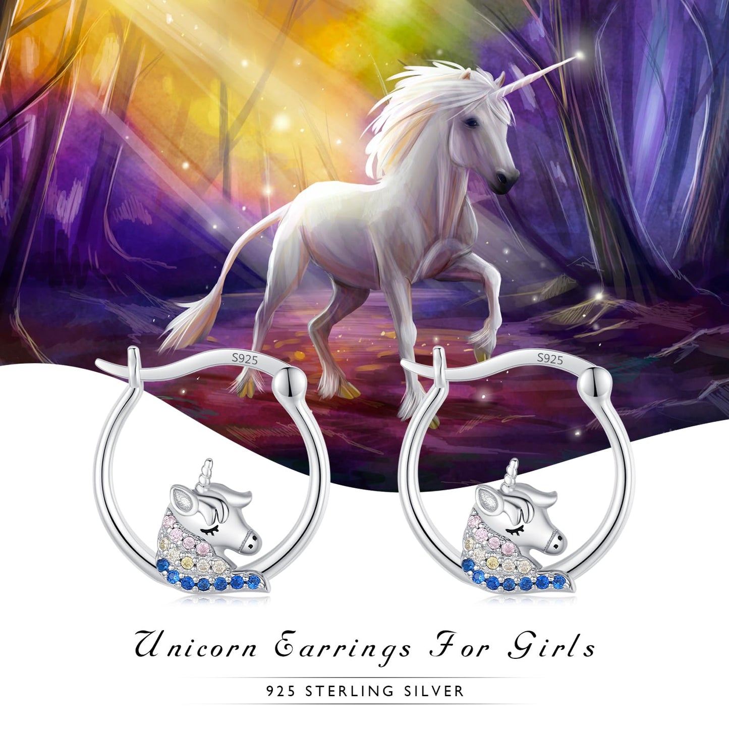 JUSTKIDSTOY Unicorn Earrings for Women Girls 925 Sterling Silver Hypoallergenic Hoop Earrings for Sensitive Ears Unicorn Jewelry Birthday Gifts for Daughter