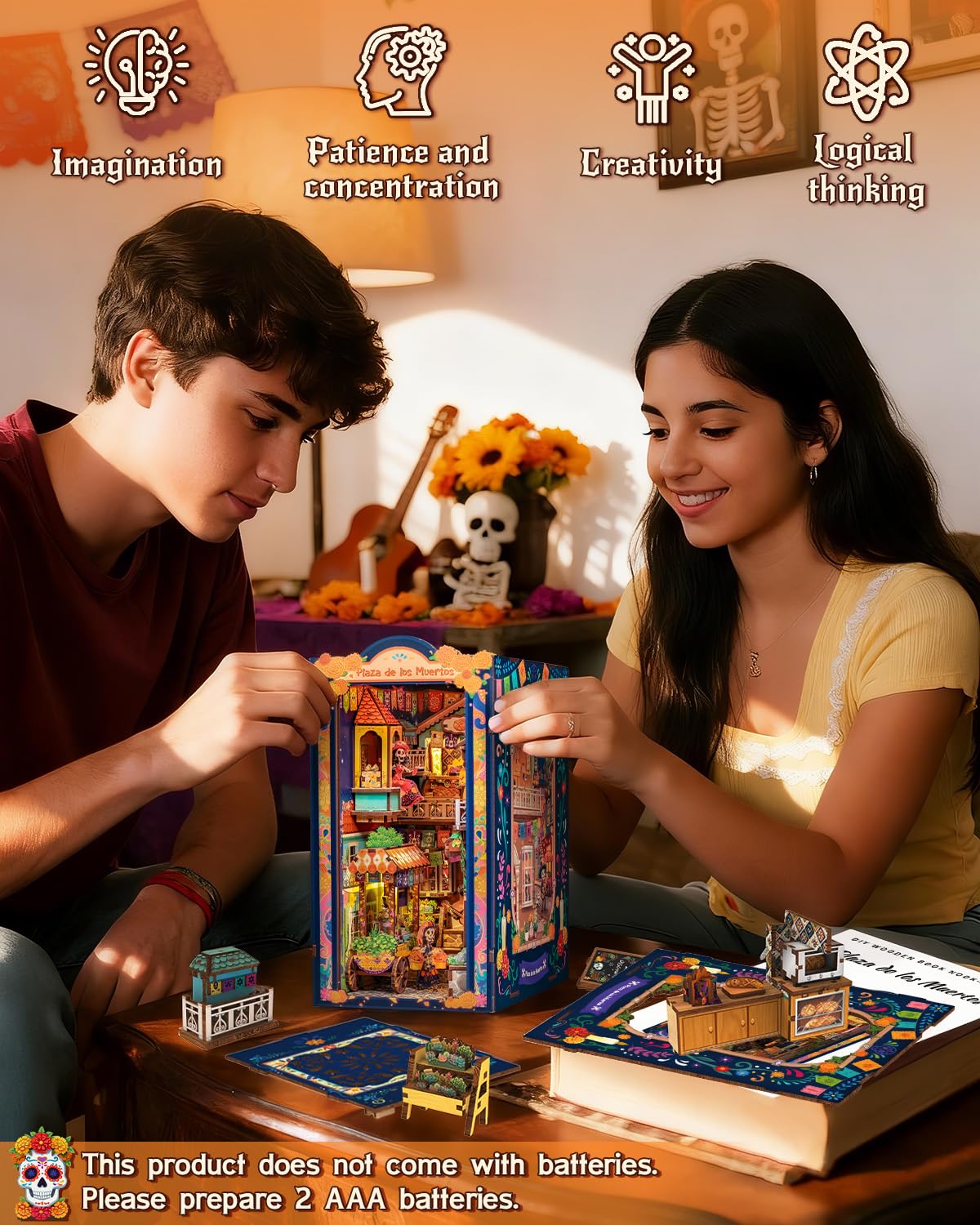 CUTEBEE Book Nook Kit - Mexican Fiesta DIY Miniature Dollhouse, Vibrant LED Bookshelf Decor Alley Model for Adults Teens, Gifts for Family and Friends(Plaza de Los Muertos)