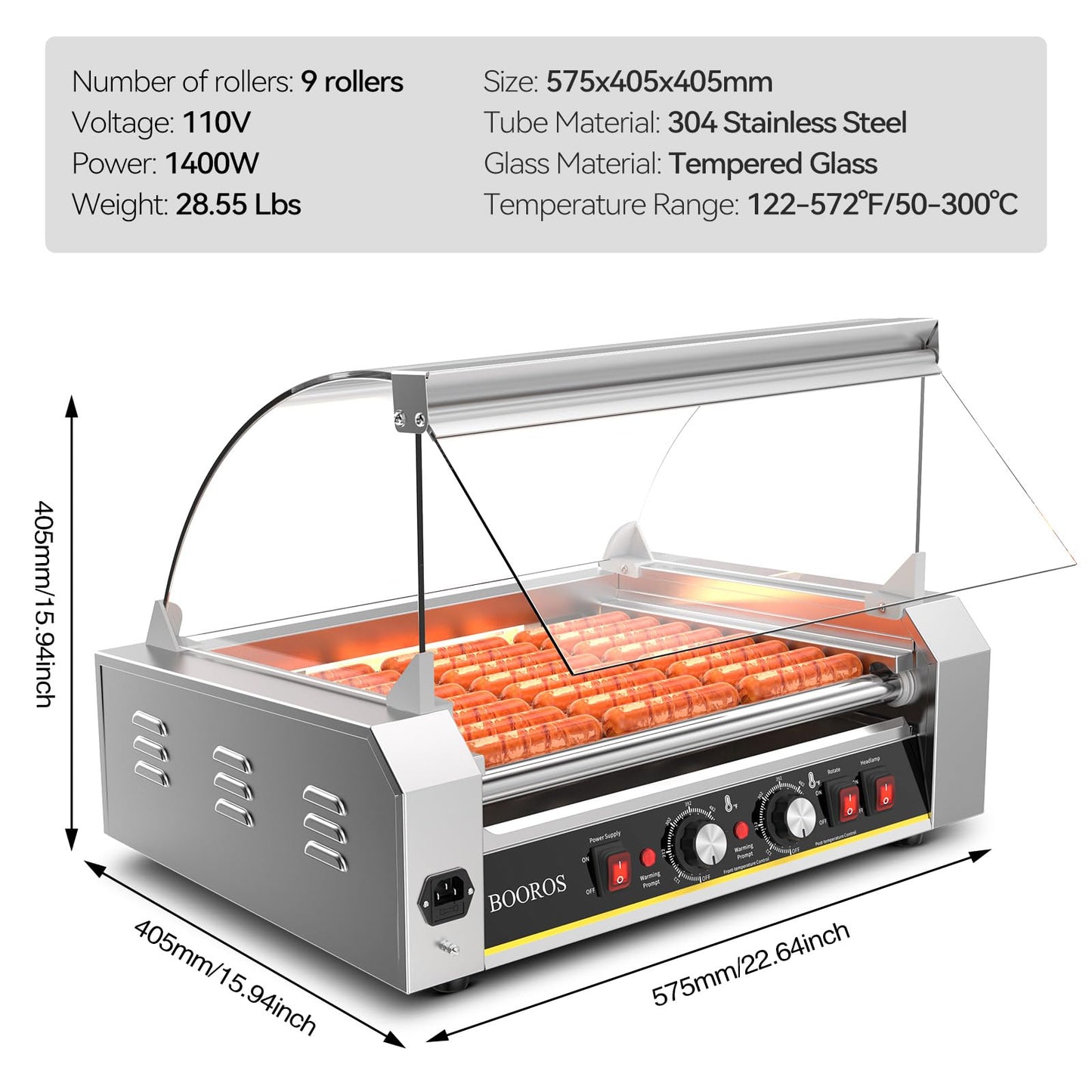 BOOROS Hot Dog Roller Grill 9 Roller Sausage Grill Cooker Machine with Heating Lamps &Tempered Glass, Dual Temp Control,304 Stainless Steel Rollers, 24 Hot Dogs Capacity,Commercial & Home Use,1400W