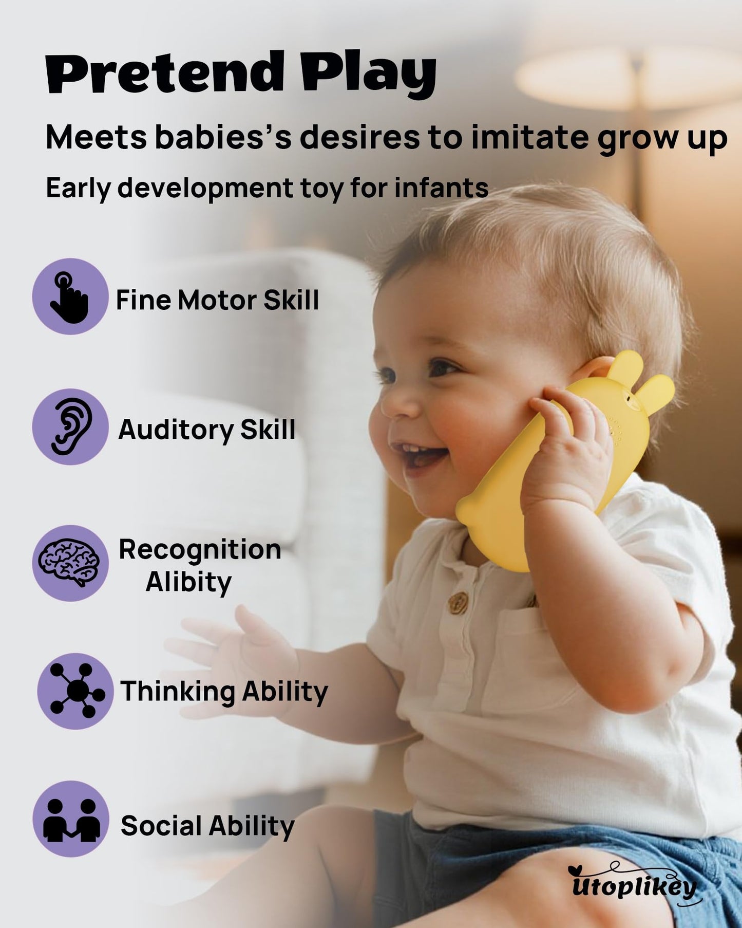 UTOPLIKEY Baby Cell Phone Toy with Teething Silicon Mobile Phone Shell, Sensory Comfort Toys with 12 Learning Modes & Soothing Lullabies, Gift for Toddler Infants Baby Shower Birthday (Yellow Bunny)