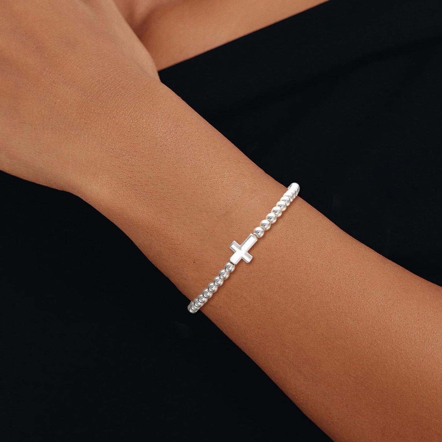 Beaded Bracelets for Women 14K Silver Gold Plated Stretch Handmade Ball Bracelets Cute Charm Bracelet Dainty Stackable Cross Heart Bow Wave CZ Circle Trendy Jewelry Easter Gifts (cross-silver)