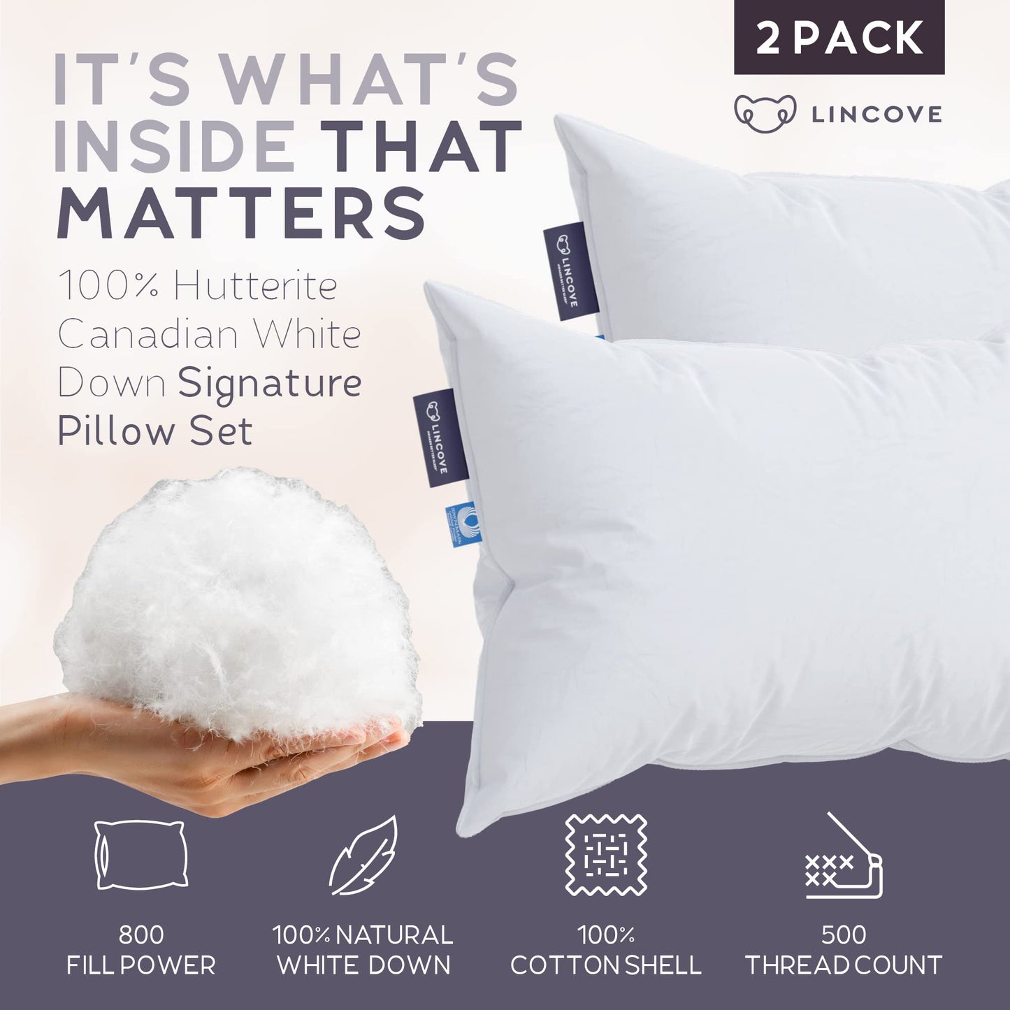 Lincove Signature 100% Natural Canadian White Down Luxury Sleeping Pillow - 800 Fill Power, 500 Thread Count Cotton Shell, Made in Canada, King - Soft, 2 Pack