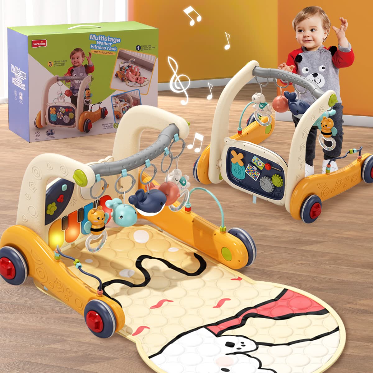 4 in 1 Baby Play Mat Activity Gym,Baby Kick and Play Piano Tummy Time Mat,Musical Learning Push Walker with Light up Interactive Toys Gift for Babies 0-6-12 Months Infant Boys Girls Newborn
