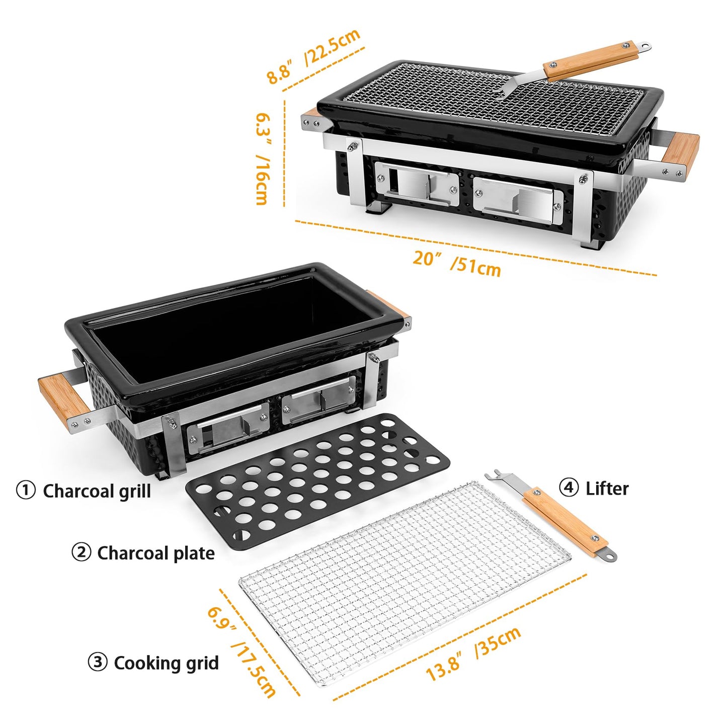 ONLYFIRE GRILLS Charcoal BBQ Hibachi Grill with Grid Lifter, Portable Yakitori Grill with Stainless Steel Grate, Barbecue Stove for Outdoor Camping Picnic Patio Backyard Cooking, GS306