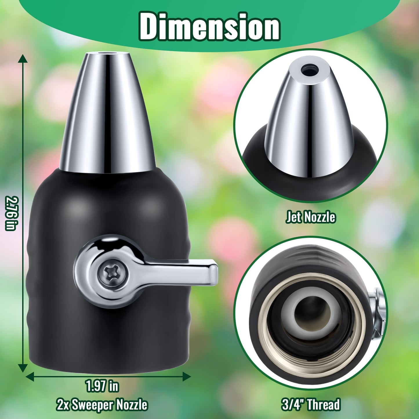 Feekoon Jet Nozzle with Shut Off, 3/4" GHT Sweeper Garden Hose End Zinc Nozzle with Shut Off Valve, Water Hose Sprayer Jet for Garden Watering, Car Washing and Sidewalk Sweeping(Black,2 Pack)