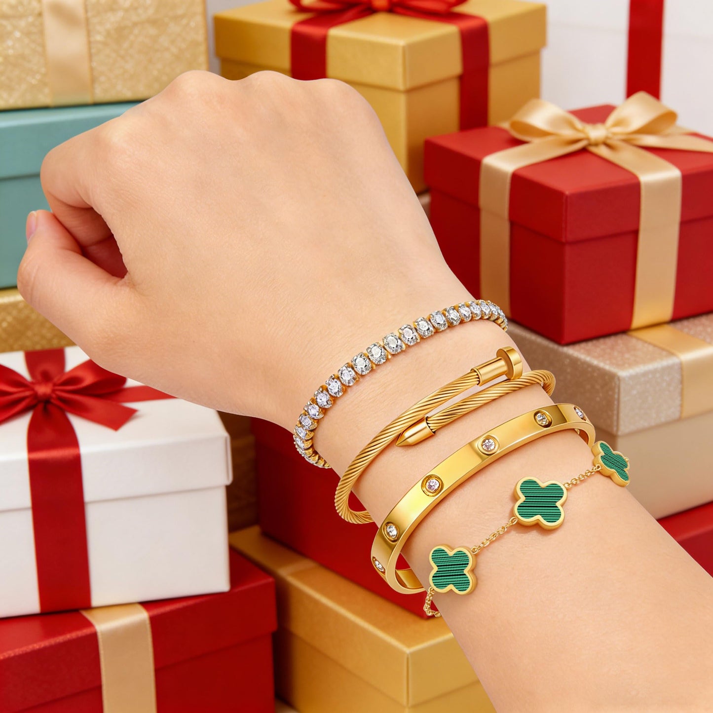 Gold Bracelets for Women, 18K Gold Plated Women Tennis Bracelets Clover Nail Love Bangle Bracelet Set, Gold Bracelet Stackable Set Trendy Jewelry, Gifts for Women's Day and Mother's Day (11-Color- 4 Green)