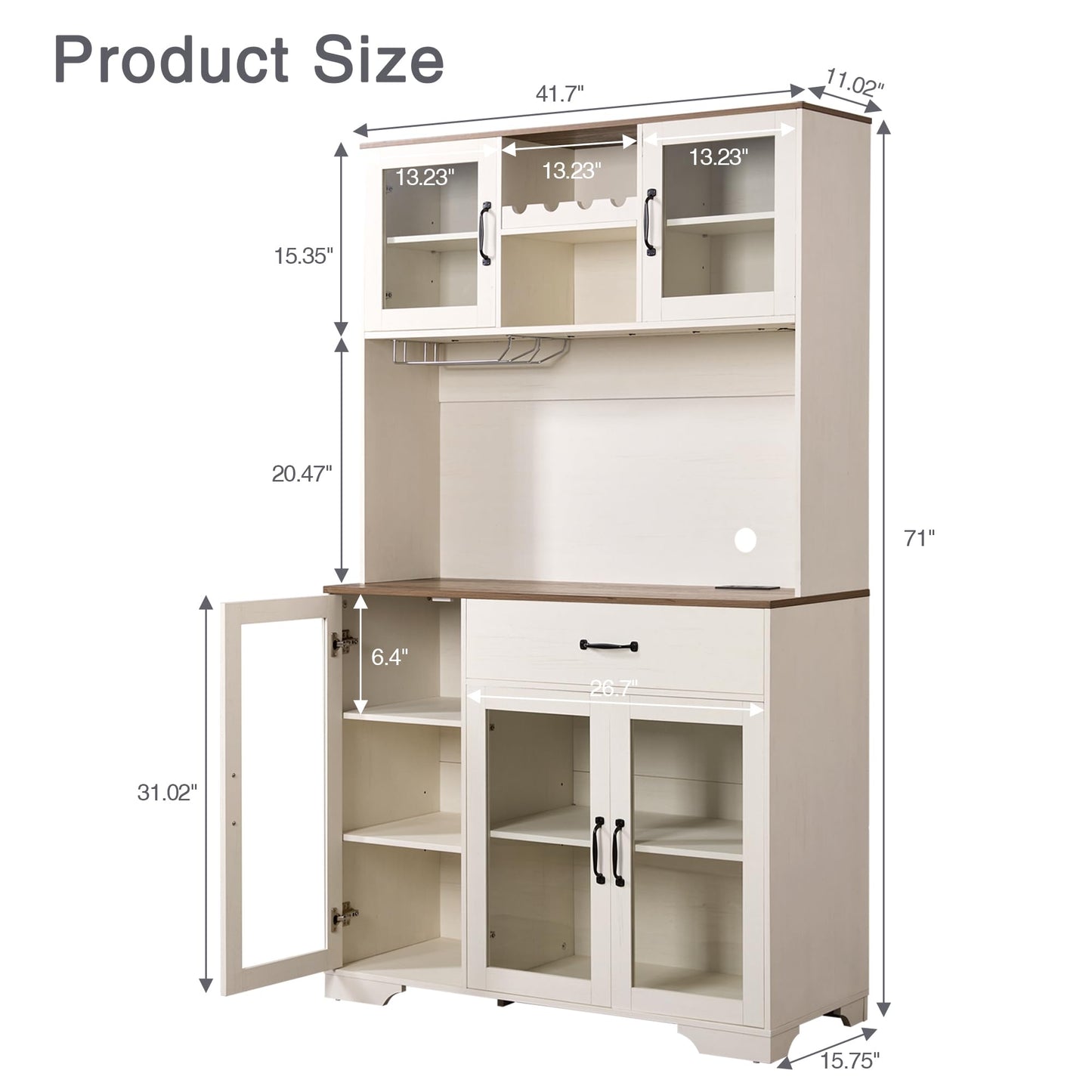 Fatmok 71" Tall Pantry Cabinet, Coffee Bar Storage Cabinet with Charging Station & LED Lights, Kitchen Hutch Food Pantry Cabinet with Wine Rack, Drawer, Adjustable Shelves & Microwave Stand, White