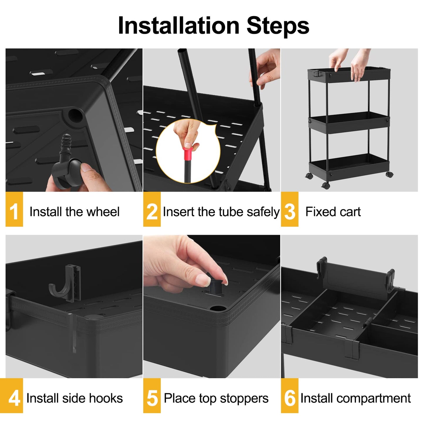 SPACELEAD 3 Tier Rolling Cart with Wheels, Storage Craft Art Trolley Organizer Serving, 3 Hanging Baskets Easy Assembly, for Office, Bathroom,Living Room, Kitchen, Black