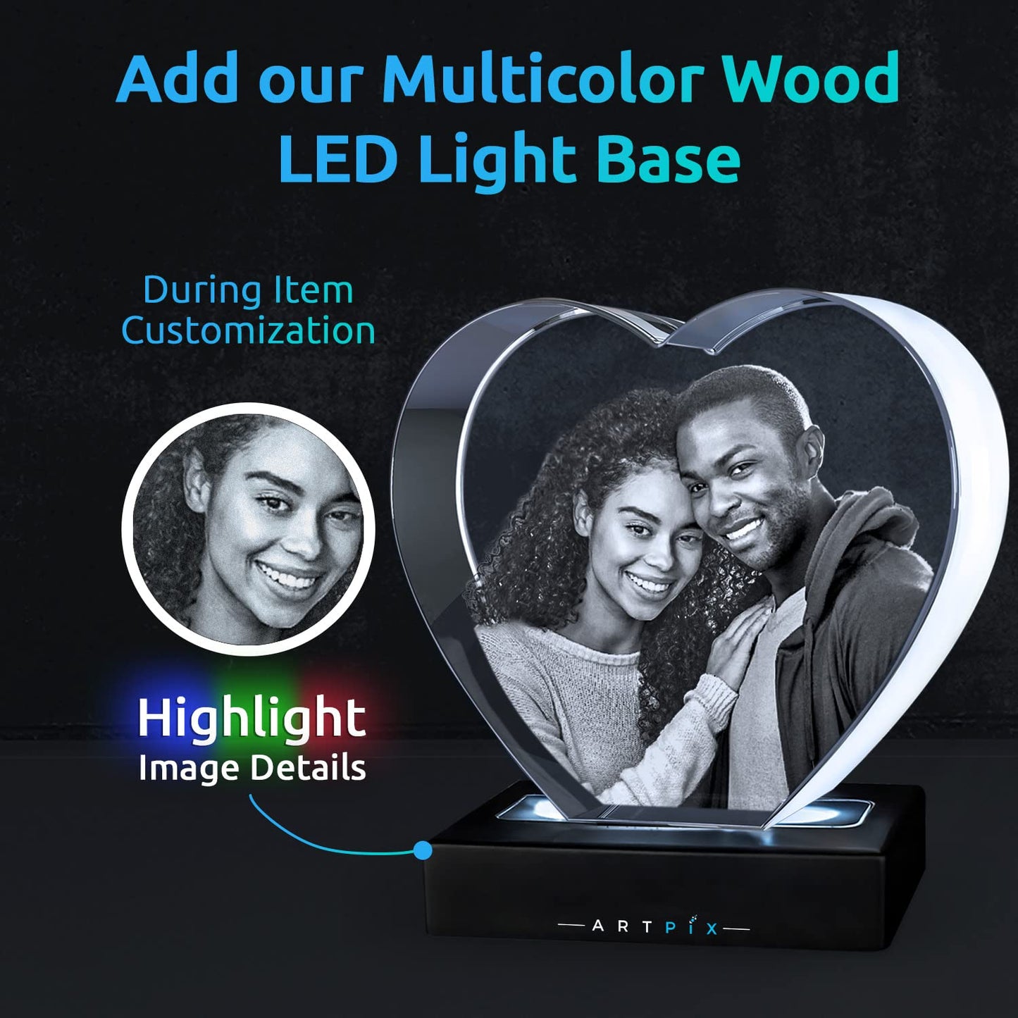 ArtPix 3D Crystal Photo, Personalized Gifts for Women, Wife, Her, Him, Men, Husband, Grandma, Customized for Mom with Your Own Photo, Custom Glass 3D Laser Etched Picture Frame Heart