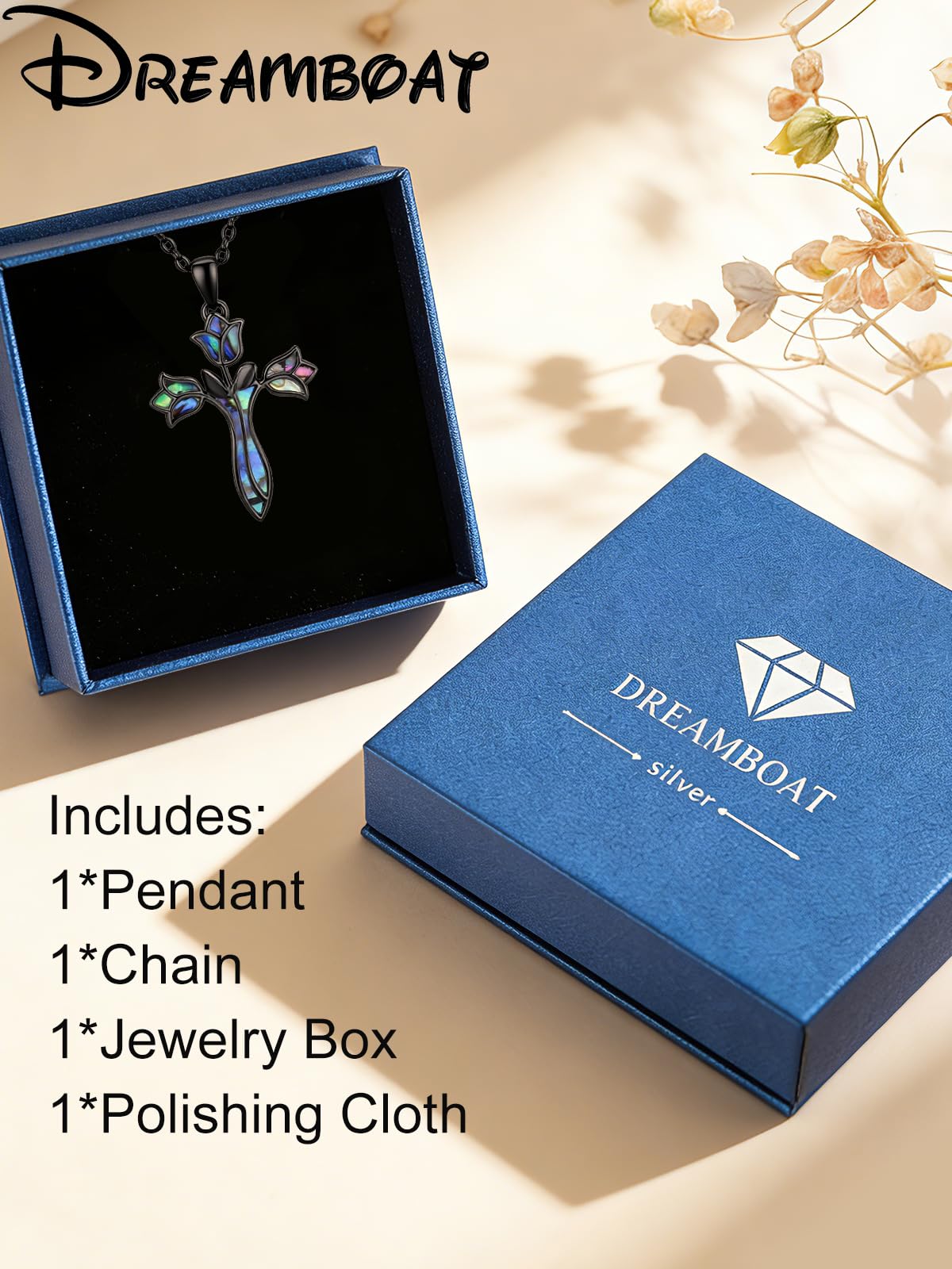 Dreamboat Black Cross Necklace for Women Sterling Silver Cross Pendant Tulip Rose Abalone Shell Christian Necklace Faith Confirmation Gifts Religious Jewelry for Mom