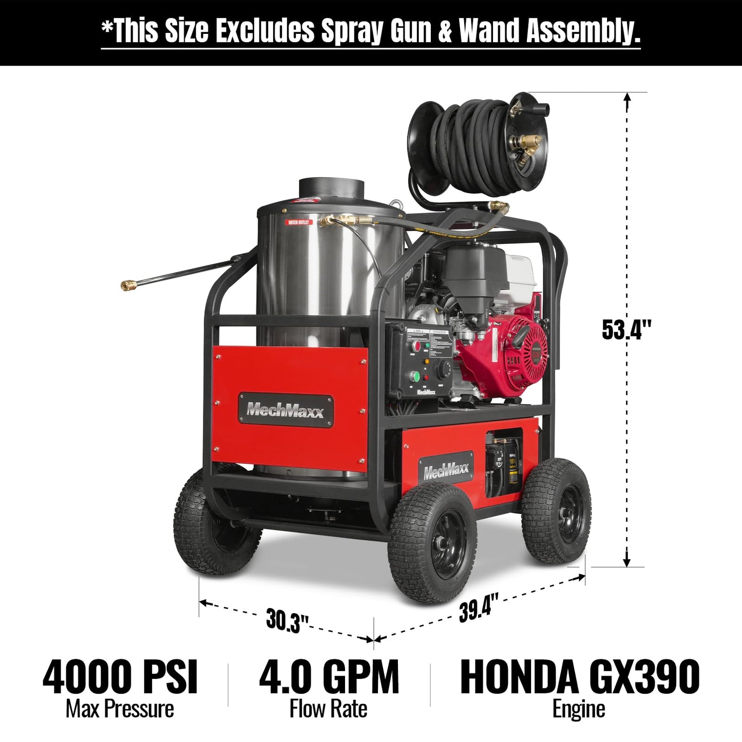 MechMaxx Honda GX390 389CC 11.7HP E-Start Engine 4000 PSI 4 GPM Hot Water Pressure Washer with Hose Reel, HPW40H