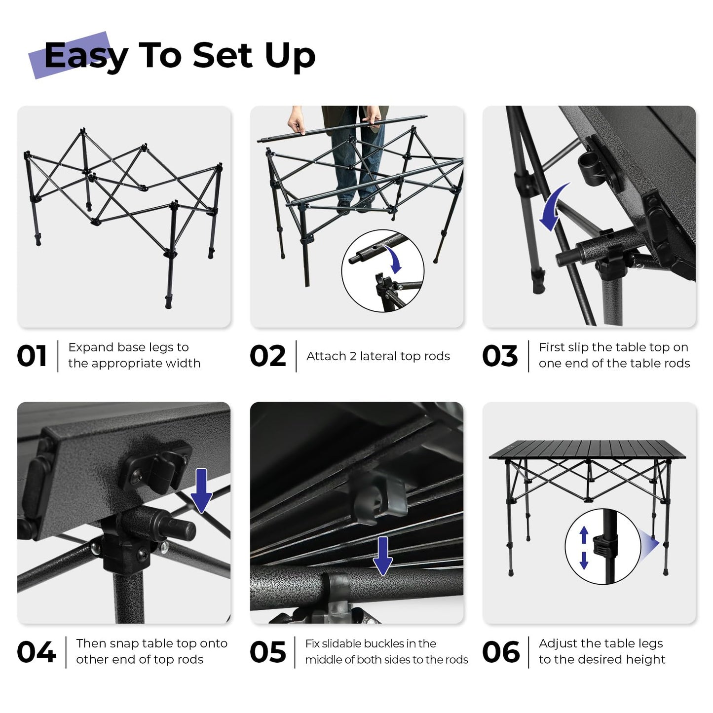 Byliable Camping Table Folding Portable Camp Aluminum Fold Up Lightweight Roll Up Table Adjustable Height with Carry Bag Indoor Outdoor for Camping, Picnic, Backyard, BBQ, Patio, Black