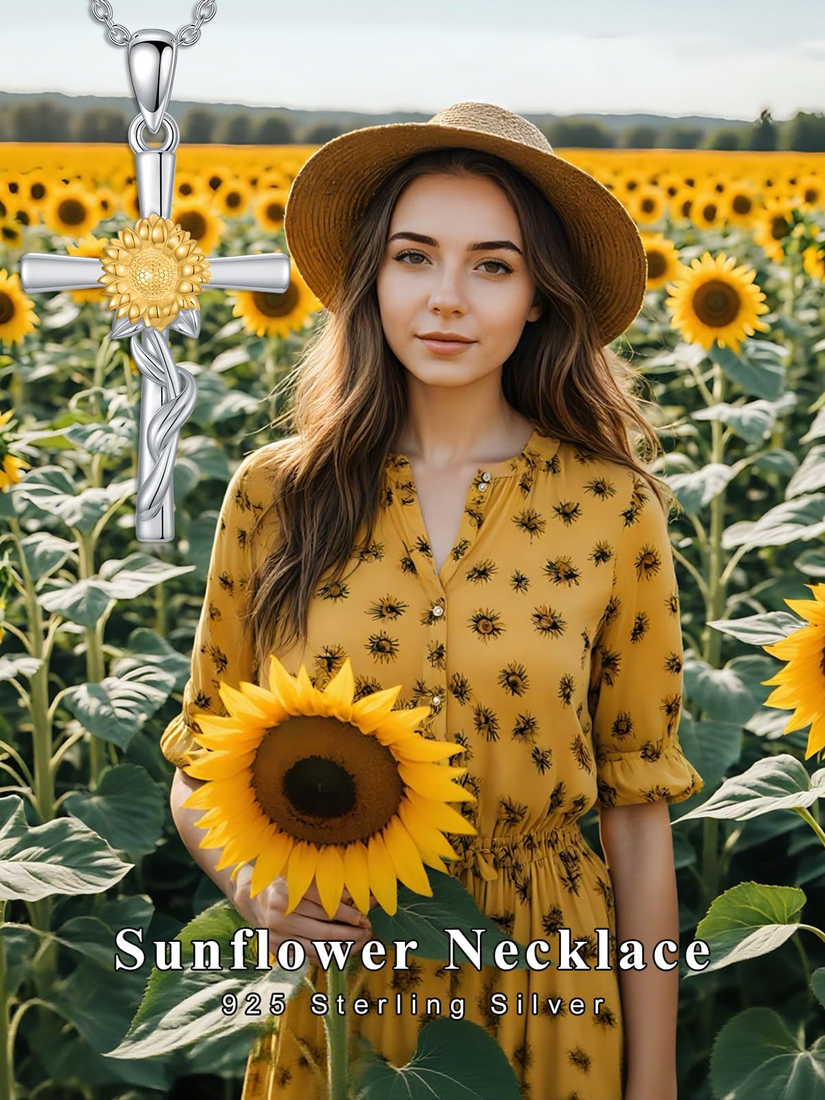 Cargari Sunflower Necklace for Women Sterling Silver Sunflower Cross Pendant Jewelry Flower Cross Necklace Gifts