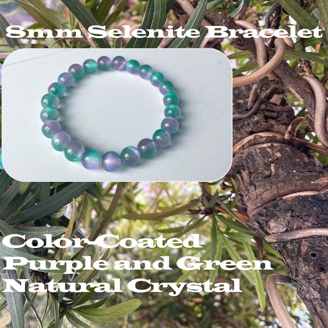 8mm Selenite Bracelet | Color-Coated Purple and Green Natural Crystal | Handmade Meditation Bracelet for Women Men | Iridescent Rainbow Effect | Beading Tool Kit - Adjust to 6.5-7.5 inch Wrist Size
