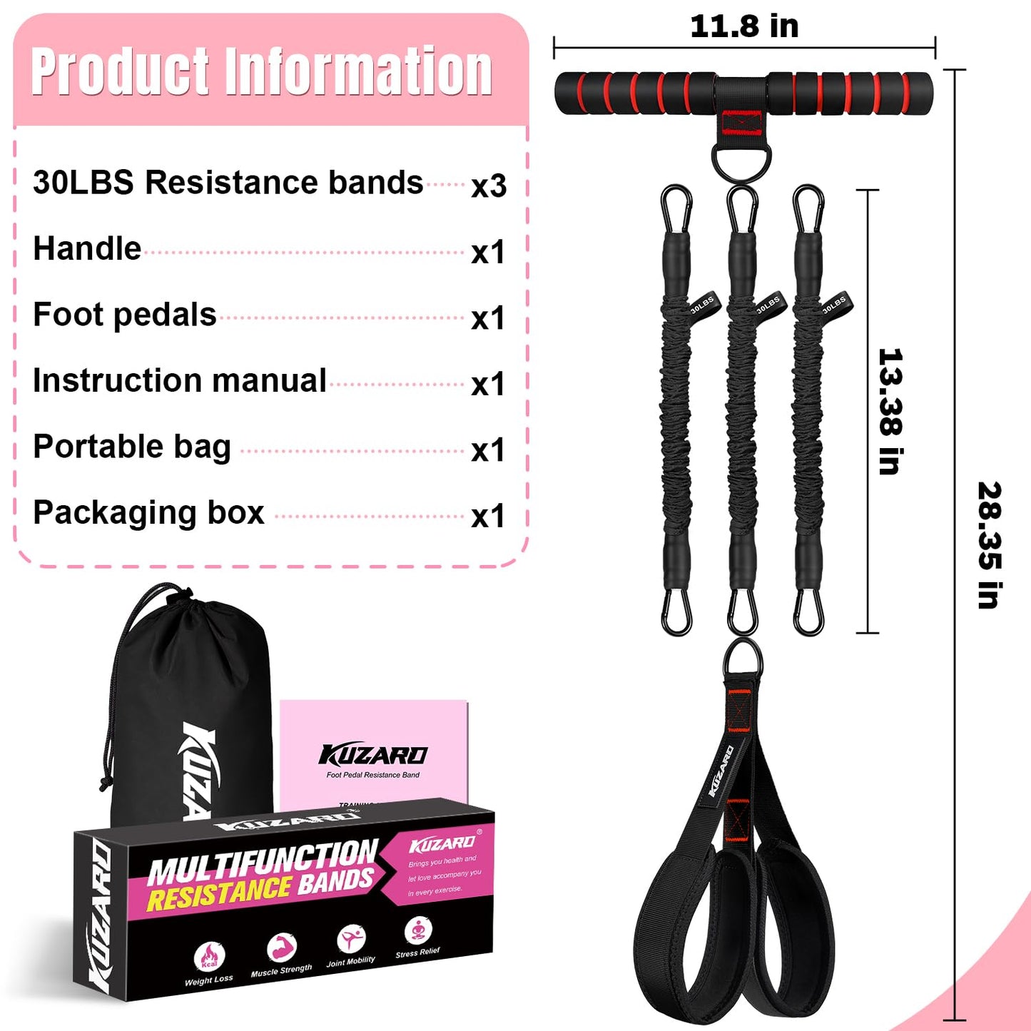 KUZARO Upgraded Multifunction Pedal Resistance Band with Handle, 3 Tube Adjustable Resistance Bands for Abdomen, Waist, Arm, Core/ABS, Leg Workout - Sit Up Exercise Equipment for Women Men
