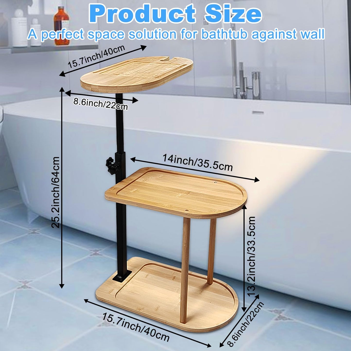 3 Layer Bath Tub Tray Table, Liftable Freestanding Bamboo Bath Tray Caddy for Tub Against Wall, Bath Table Tray Tub Shelf Bathroom Organizer Shelf for Luxury Spa, Bath Home Spa Bathtub Accessories