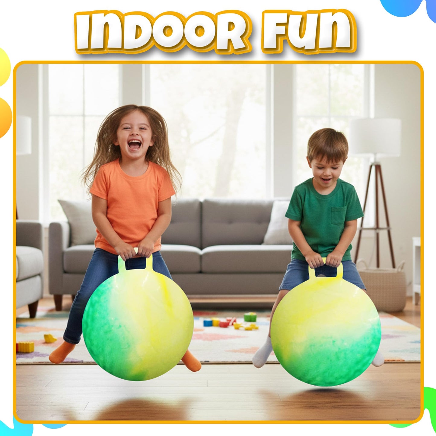 Bedwina Hopper Ball with Handle for Kids 18-inch (45cm) Bouncy Balls for Kids, Jumping Kangaroo Hippity Hop, Hopping Sit and Spin with Handle with Hand Pump, Marble Green & Yellow