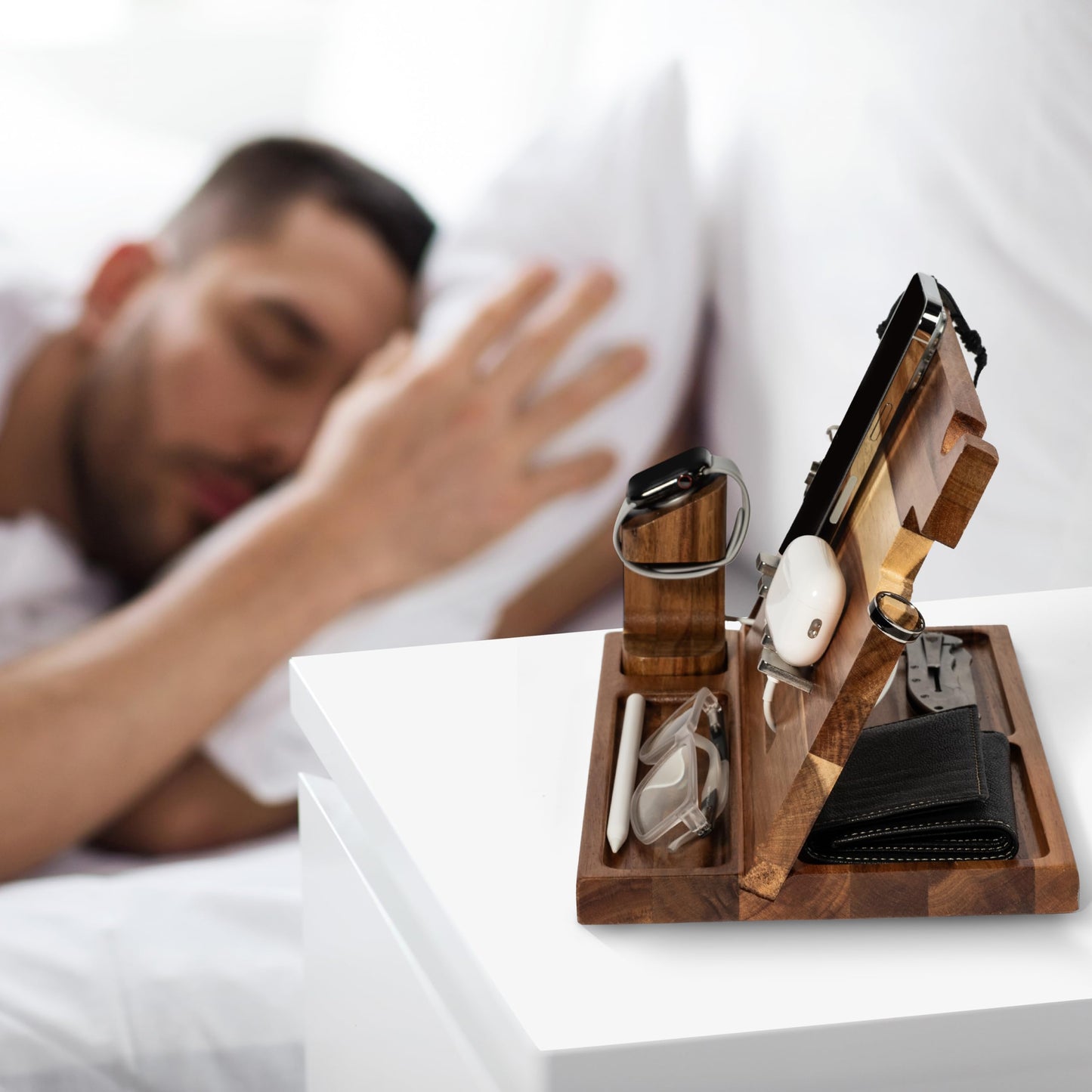 Orchers Wood Phone Docking Station for Men, Nightstand Organizer, Gifts for Him from Daughter Son Wife, Christmas Anniversary Birthday Gift Ideas for Husband Him
