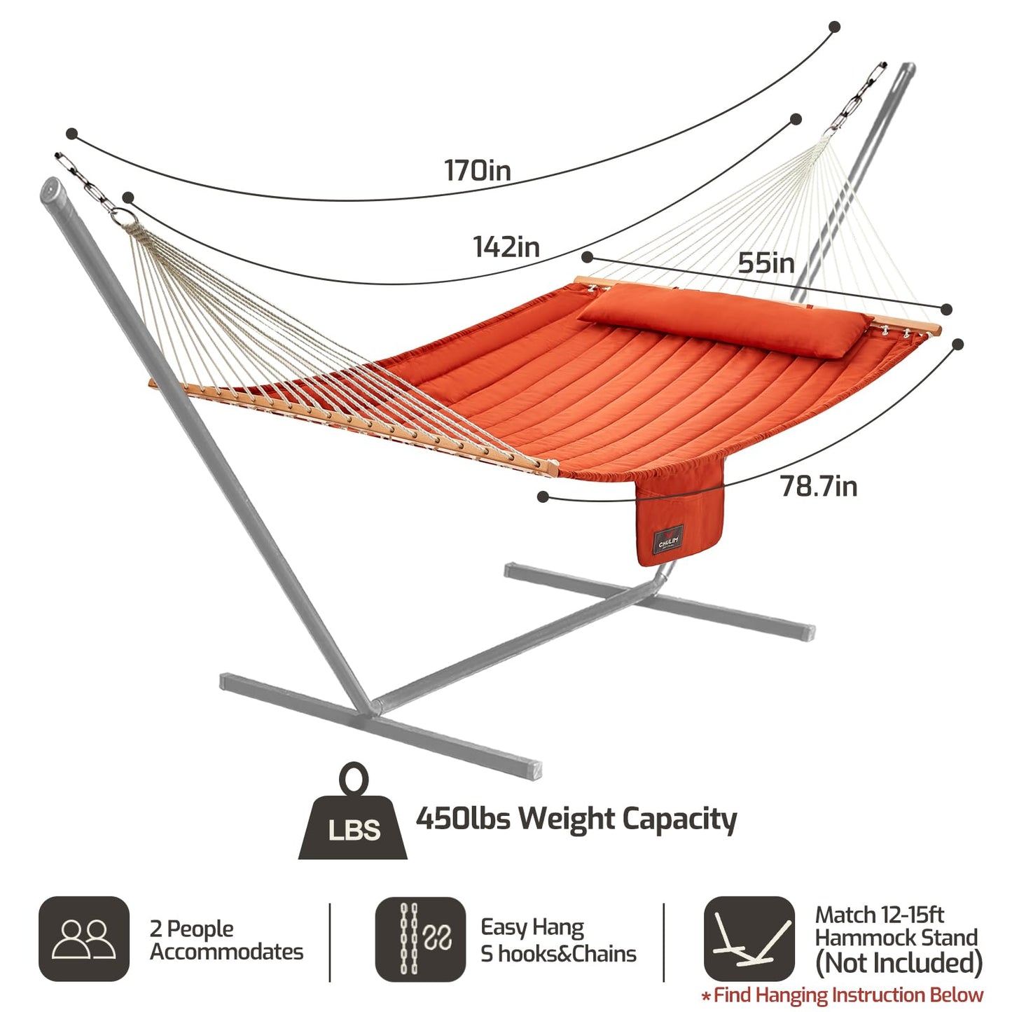CHULIM Double Quilted Fabric Hammock with Hardwood Spreader Bars and Pillow 450 LBS Capacity 2 Person Large Hammock for Outdoor Patio Backyard Poolside - Terracotta