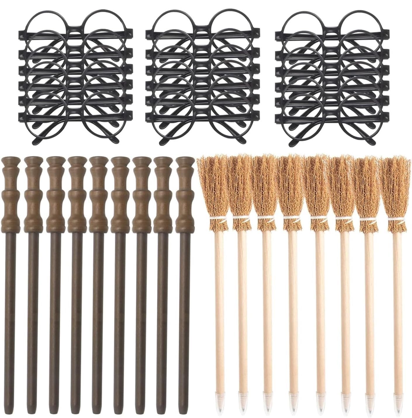 Col-Pary Party Supplies Kit -Black Round Glasses with Round Frame No Lenses, Broom Pencil, Wand Pencil for School Birthday, Halloween,Cosplay Party Decor(Each of 12 pcs )