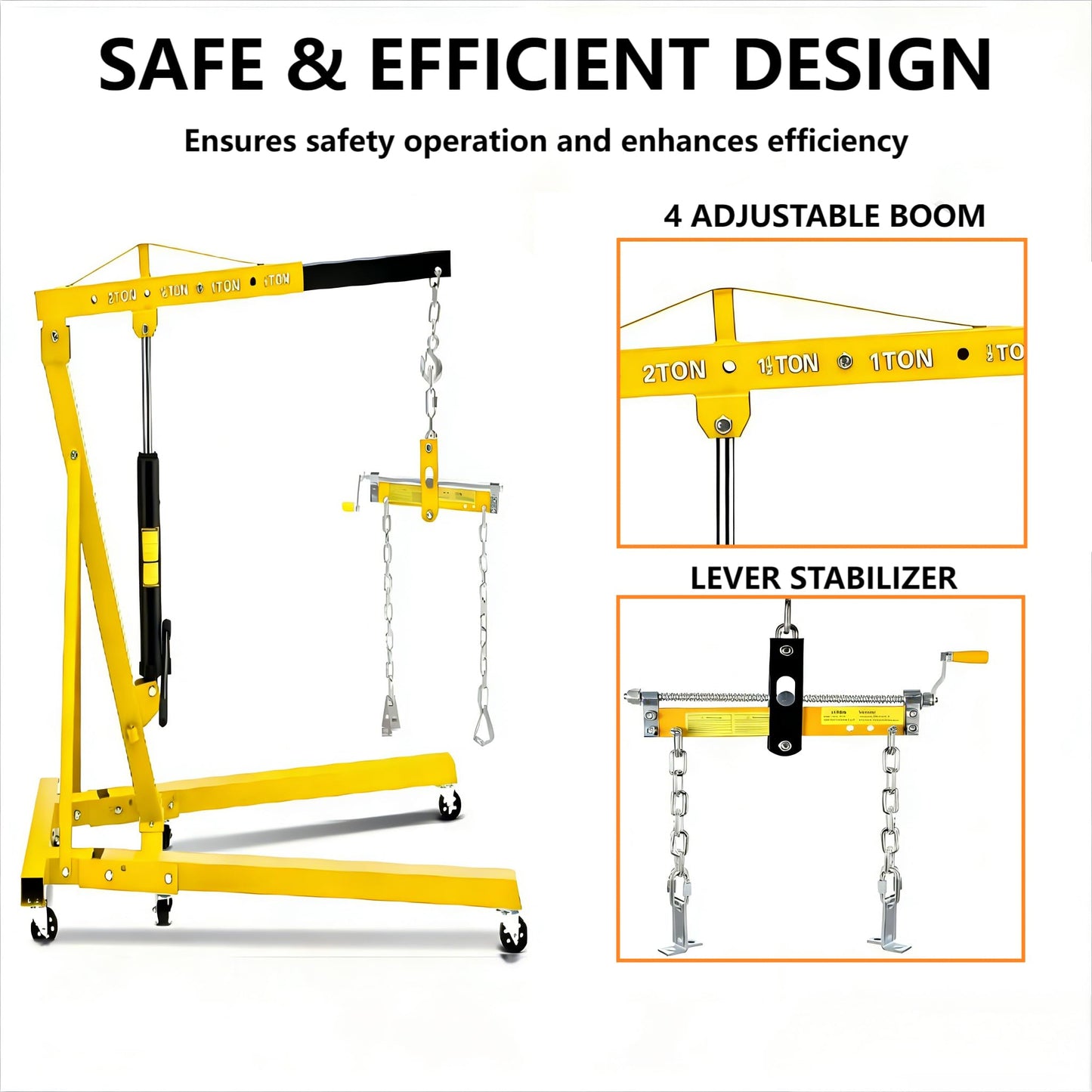 GlowSol 2 Ton Hydraulic Engine Hoist with Lever Stabilizer, Cherry Picker Engine Hoist, 4400LBS Heavy Duty Garage Crane with 6 Swivel Casters & Adjustable Telescopic Boom, for Auto Repair & Workshop
