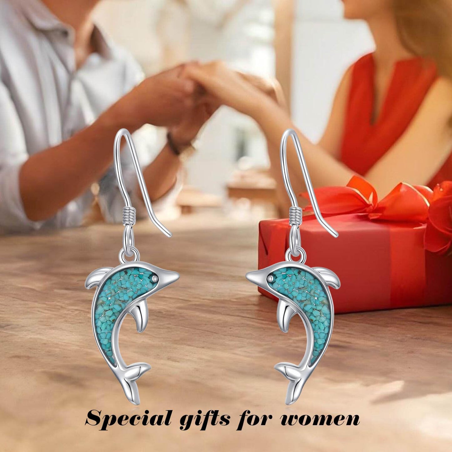HPQQ Dolphin Earrings 925 Sterling Silver Turquoise Dolphin Dangle Earrings Ocean Beach Themed Jewelry Mother's Day Jewelry Gifts for Women