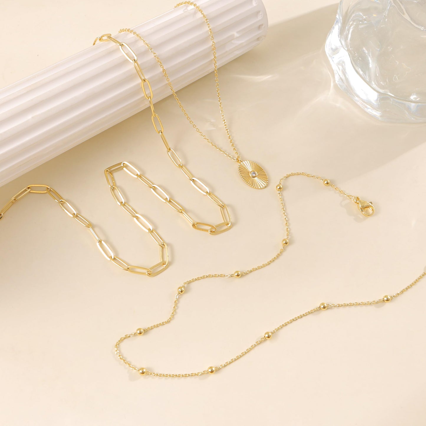 Gold Layered Necklaces for Women,14K Gold Plated CZ Pendant Necklace Stack Dainty Layering Paperclip Choker Necklace Set Stackable Layered Oval Coin Necklaces Chain for Women Trendy Jewelry Gifts