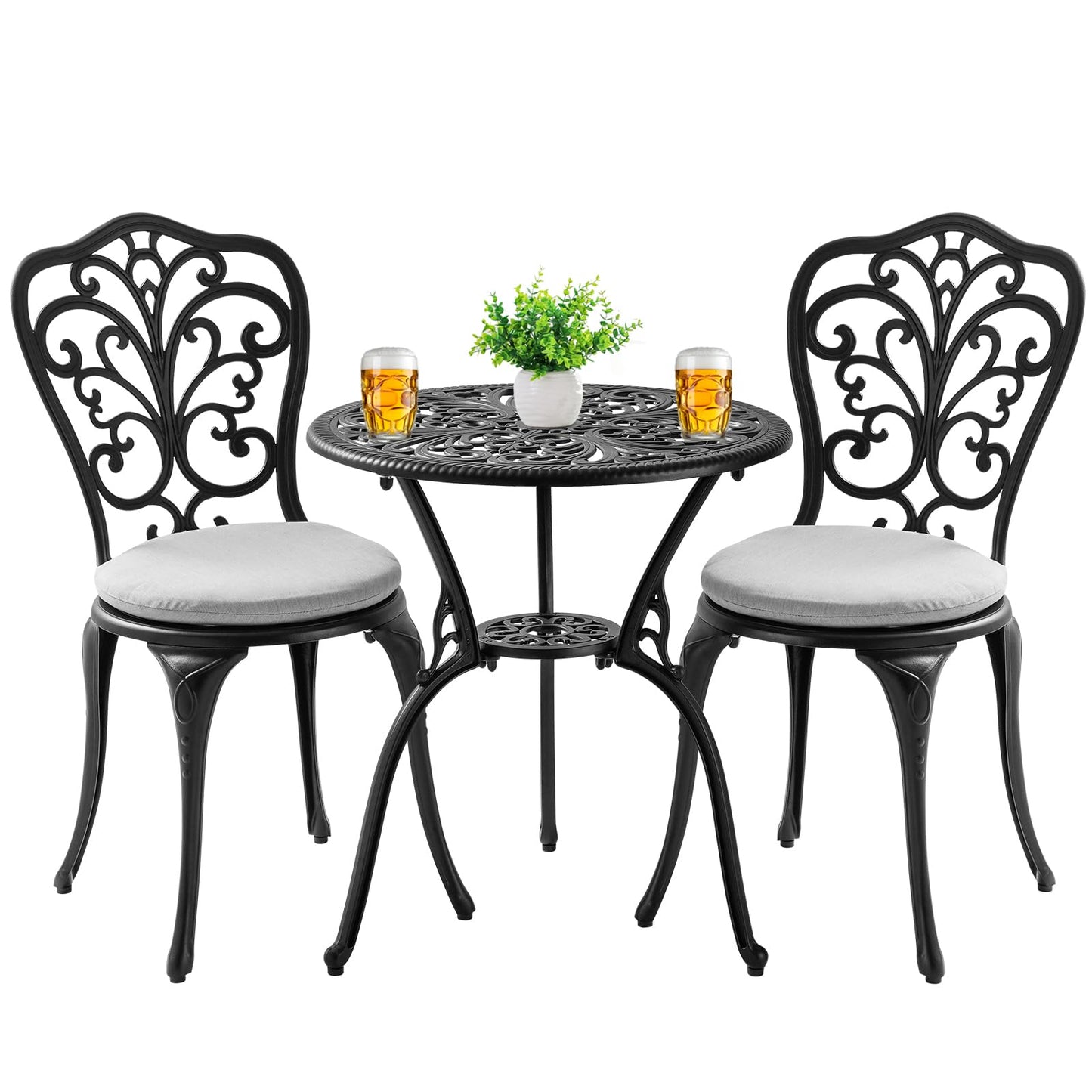 Withniture Patio Bistro Set 3 Piece with Cushions, All Weather Bistro Table and Chairs Set of 2 with Umbrella Hole, Outdoor Bistro Set, Cast Aluminum Patio Furniture Set for Garden Porch, Black