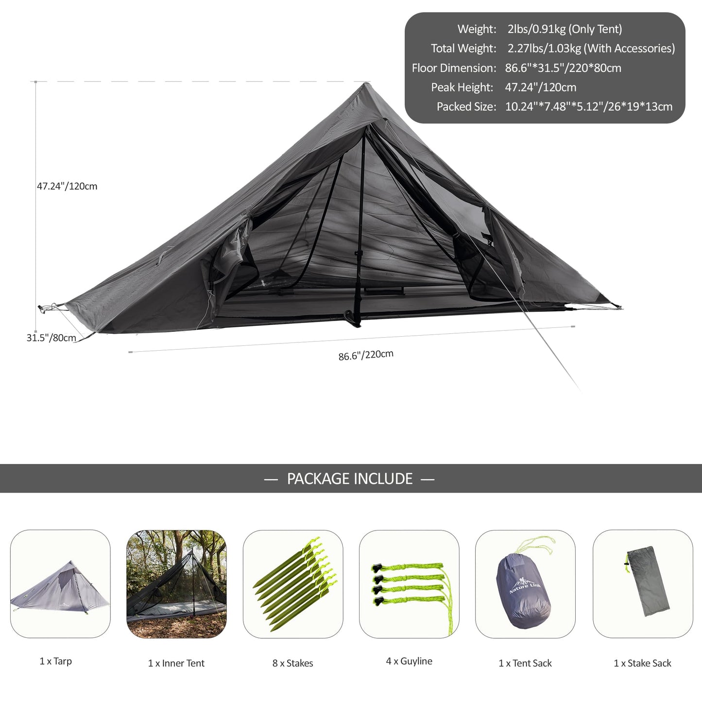 Nature Link Altair One Ultralight Backpacking Tent, 1 Person Trekking Pole Tent, Waterproof, Compact, 3 Season, Double Wall Shelter for Backpacking, Camping, Thru Hiking, Trekking