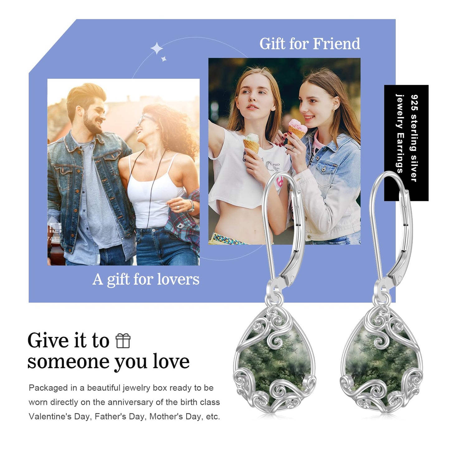 KoyeKei Moss Agate Filigree Leverback Earrings for Women 925 Sterling Silver Moss Agate Teardrop Dangle Drop Earrings Jewelry Filigree Gradution Gifts for Daugther Sister Girlfriend