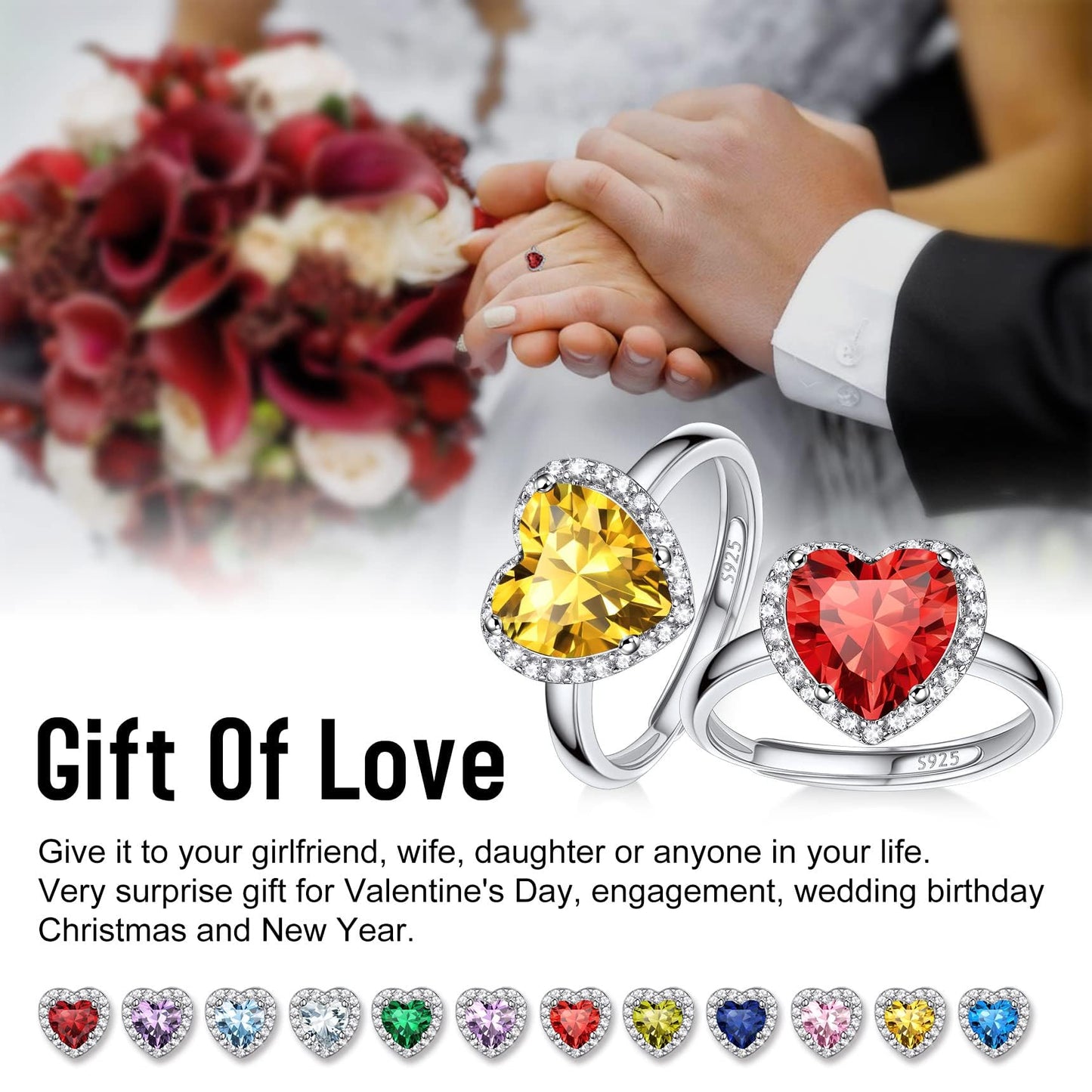 Bestyle S925 Sterling Silver Heart Crytsal Rings, Dainty November Critine Crystals Birthstone Rings, Anniversary/Mother’s Day/Birthday Jewelry Gifts for Women Mom/Wife/Sister/Best Friend