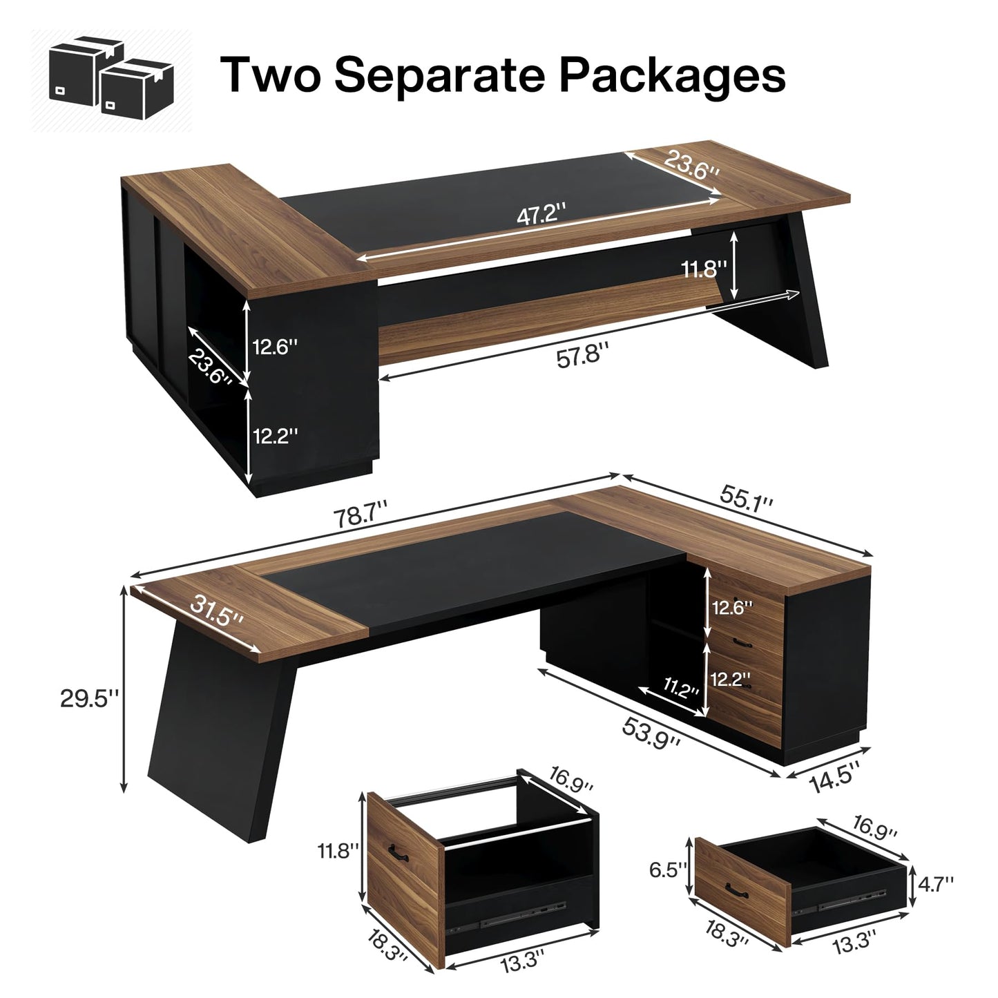 Tribesigns 78" L-Shaped Executive Desk, Large Modern Office Desk with Drawers and File Cabinet, Business Furniture with Storage Shelves, Big Computer Desk for Home Office (Light Walnut + Black)