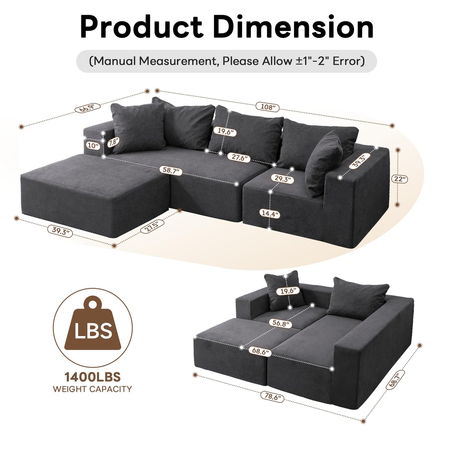 Vamcheer Modular Sectional Sofa - Modern L Shaped Boneless Couch with Deep Seat, Upholstered Sectional Couches for Living Room, Bedroom, Office, No Assembly Required, Gray