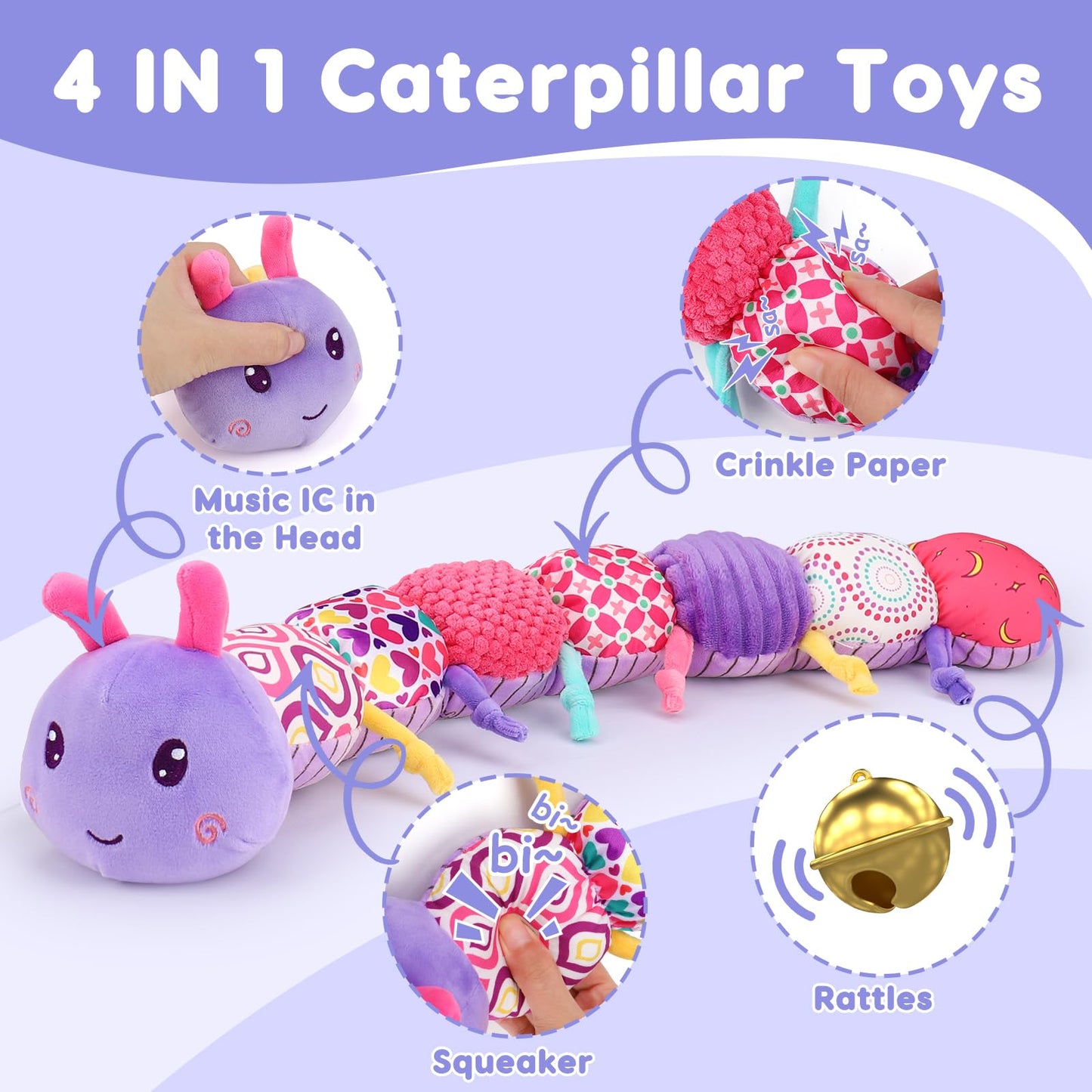 Baby Girl Toys 0-3-6 Months Musical Stuffed Animals Plush Caterpillar Toy Crinkle Rattles Tummy Time Development Sensory Toys infants 6-9-12 Months Newborn Girls Boy Shower Gifts Easter Basket Stuffer
