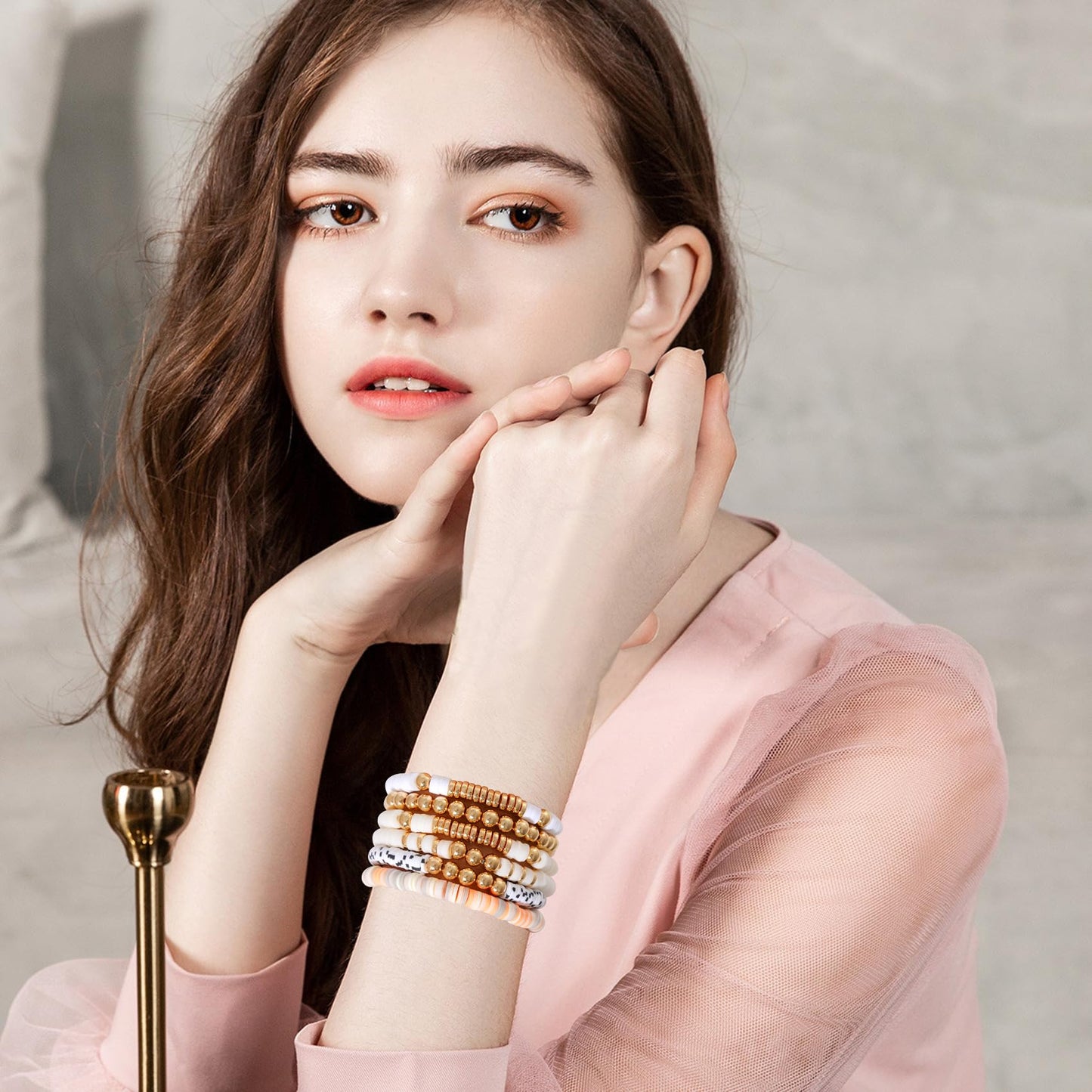 GOOJIDS Surfer Heishi Clay Bead Bracelets for Women Bohemian Stackable Gold Plated Beaded Stretch Bracelets Elastic Layering Friendship Bracelets Set Boho Jewelry (T-MixWhite Set)
