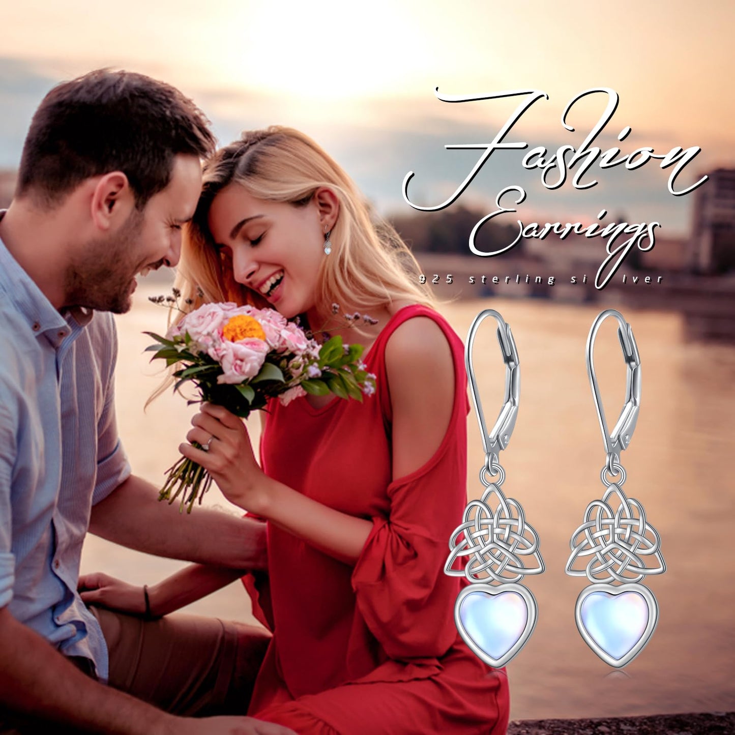 SHAOAN Celtic Knot Moonstone Dangle Drop Earrings 925 Sterling Silver Heart Irish Celtic Knot Leverback Earrings Jewelry Gifts for Women