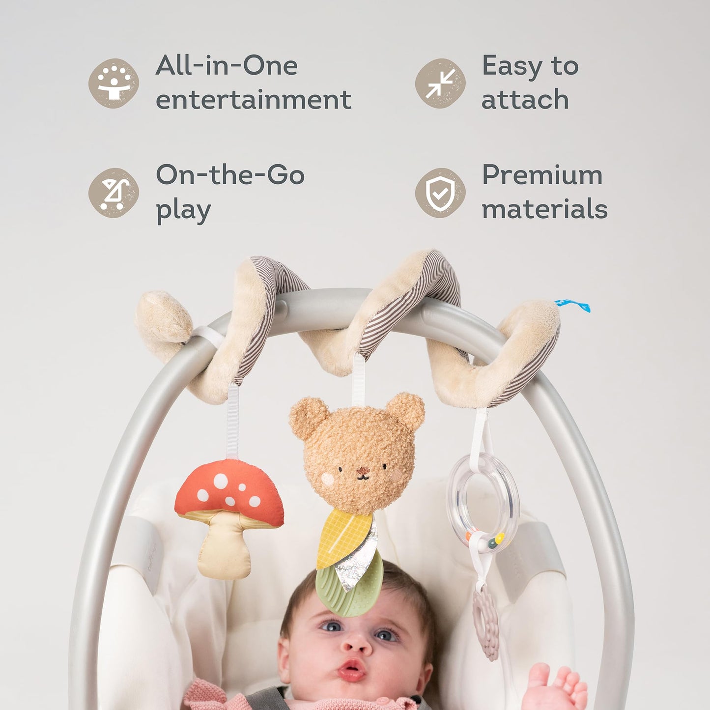 Taf Toys Bear Hug Spiral Car Seat Toy - Plush Bear & Mushroom, Colorful Teethers, Sensory Toys Soft Hanging Toys - Carseat Toys Hanging for Babies 0-6 Months - Newborn Baby Girl Boy Birthday Gifts