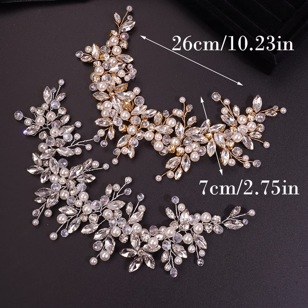 Teyglen Dainty Rhinestones Pearls Crystal Large Headband Vine Handmade Bridal Flower Headband Wedding Hair Accessories for Brides Hair Pieces Gold Silver Headpieces for Women Girl (Silver)