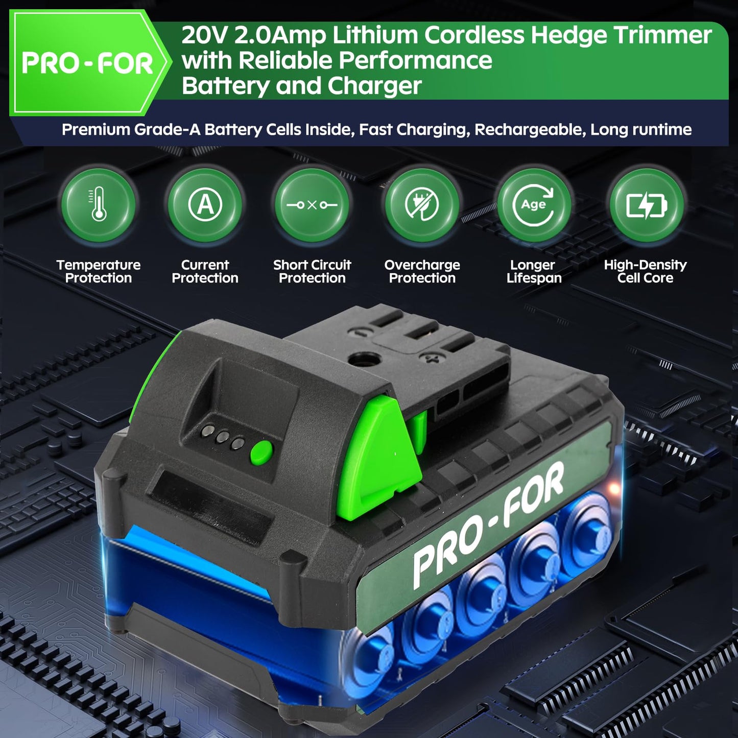PRO-FOR Cordless Hedge Trimmer with Battery and Charger, 20V Bush Trimmer, 22" Dual-Action Blade, 3000SPM Electric Shrub Trimmer, 0.55" Cutting, Lightweight Battery Powered for Garden & Yard